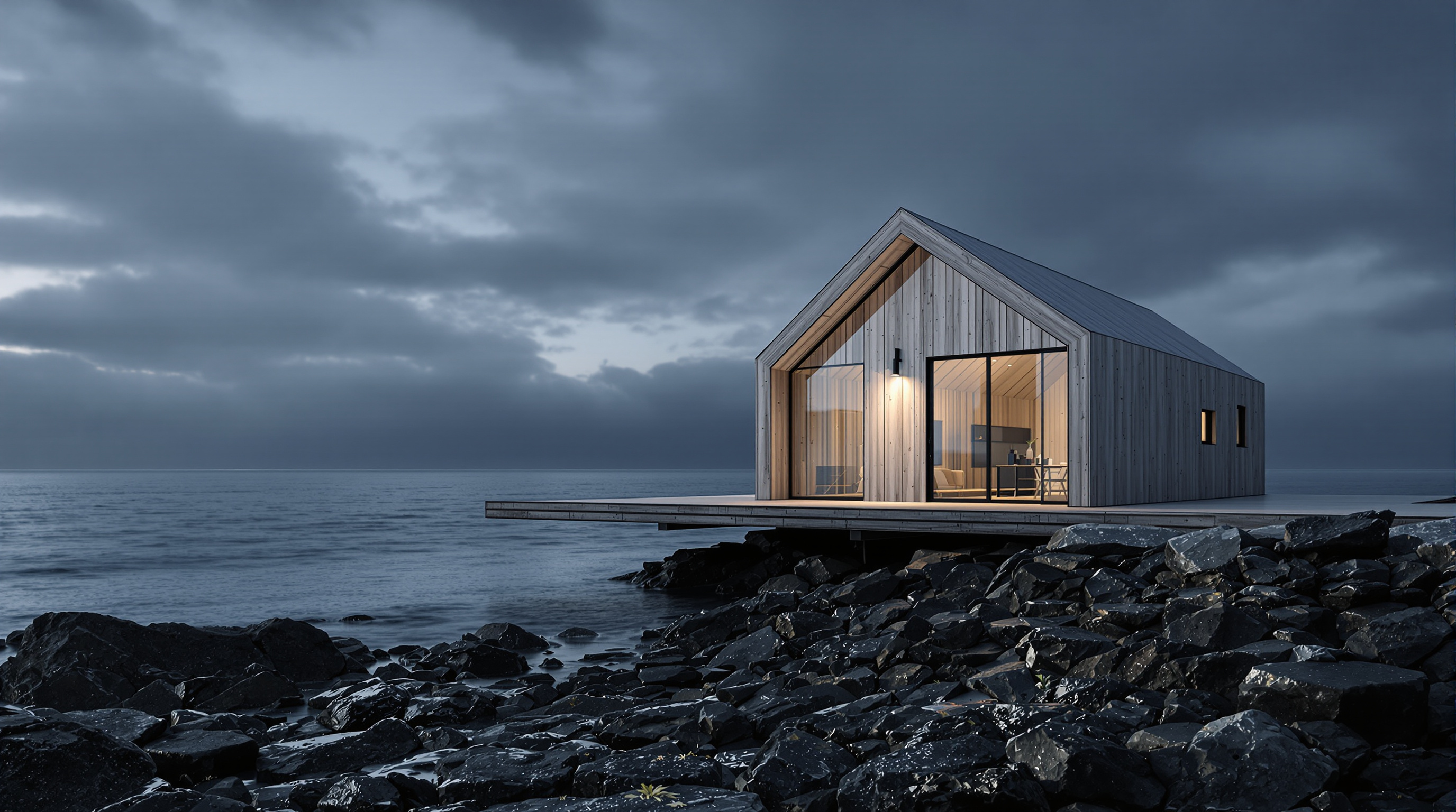 A single Manshausen sea cabin seen from the rocks, its cross-laminated-timber body clad in weathering wood, one glazed gable end projecting out beyond the stone quay so that dark seawater passes directly beneath the floor, low midnight-sun light raking across the grain of the cladding