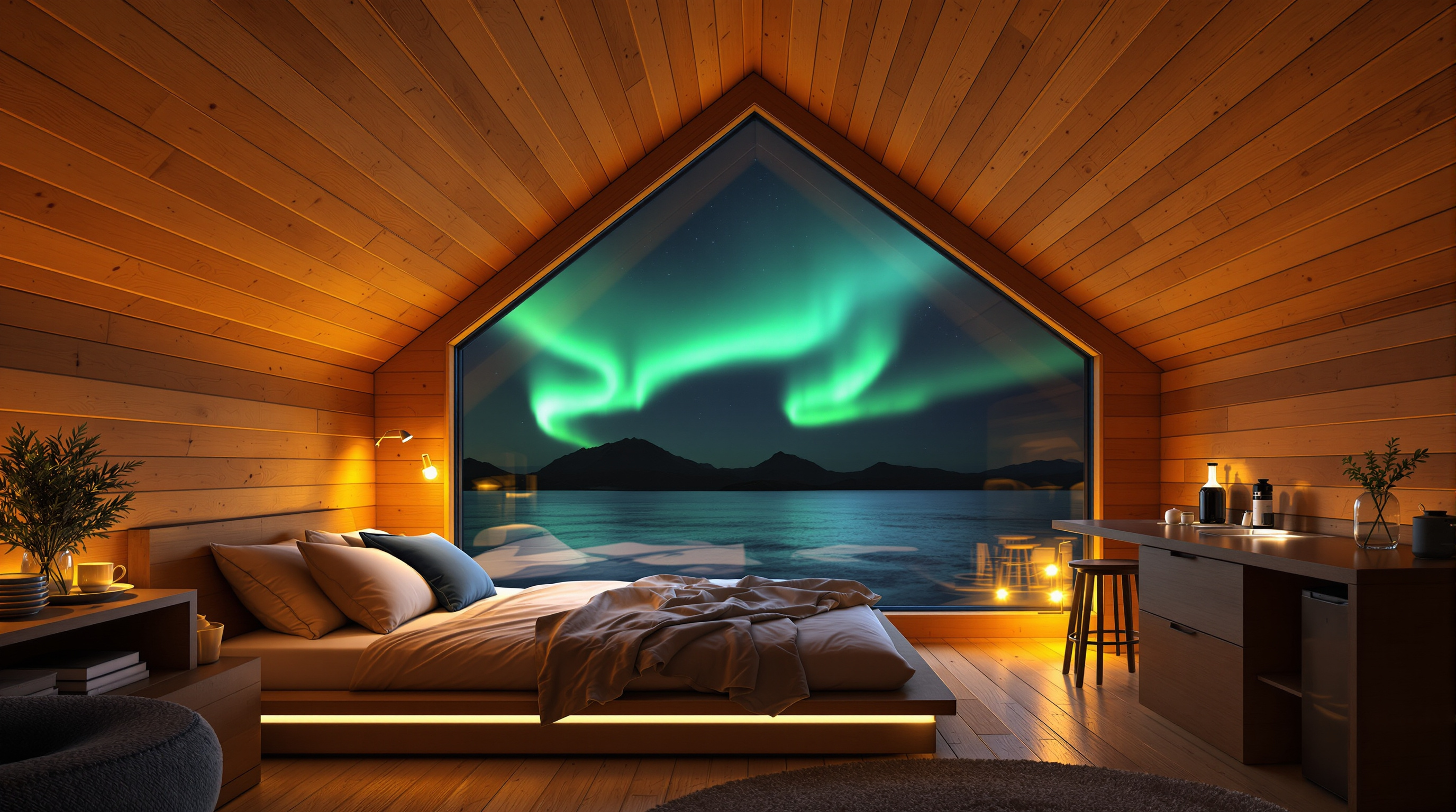 A Manshausen cabin interior at night, the bed drawn back from a full-height glass gable that frames the green ribbons of the aurora borealis over the Barents Sea, warm timber-lined walls and ceiling enclosing the room while the storm-dark water sits just beyond the glass