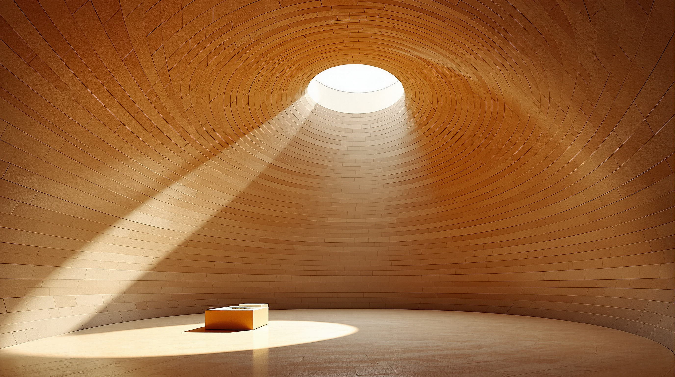 Interior of a Mapungubwe vault: a soaring cave-like chamber of layered earthen tiles curving overhead into a smooth compression shell, warm daylight raking across the tiled surface from a thin crescent opening at the vault edge, an exhibition plinth below