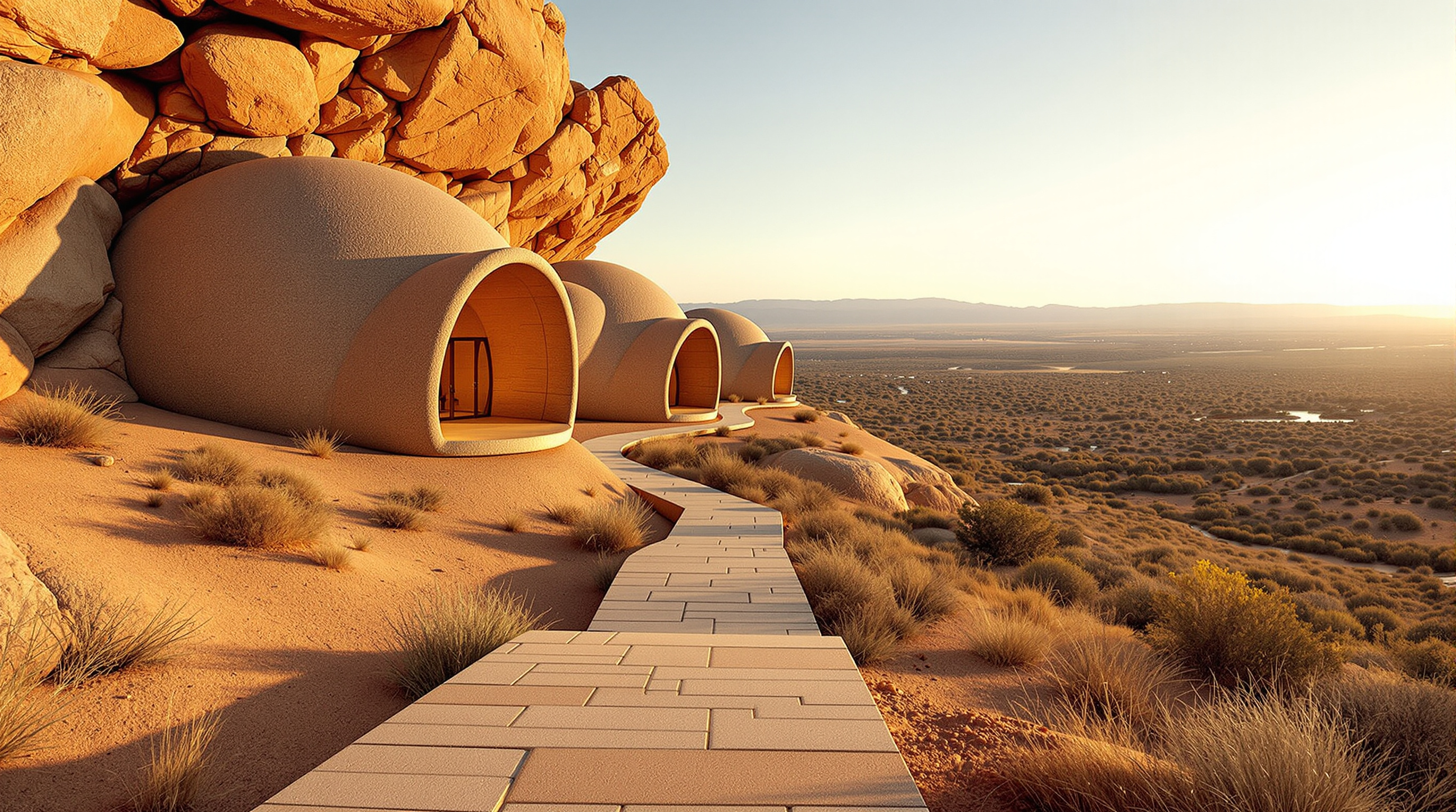 Exterior approach to the Mapungubwe Interpretation Centre: a zig-zagging stone walkway climbing the mesa toward the clustered rock-clad domes, their thin arched lips catching low golden light, the vast dry river-valley landscape stretching to the horizon behind