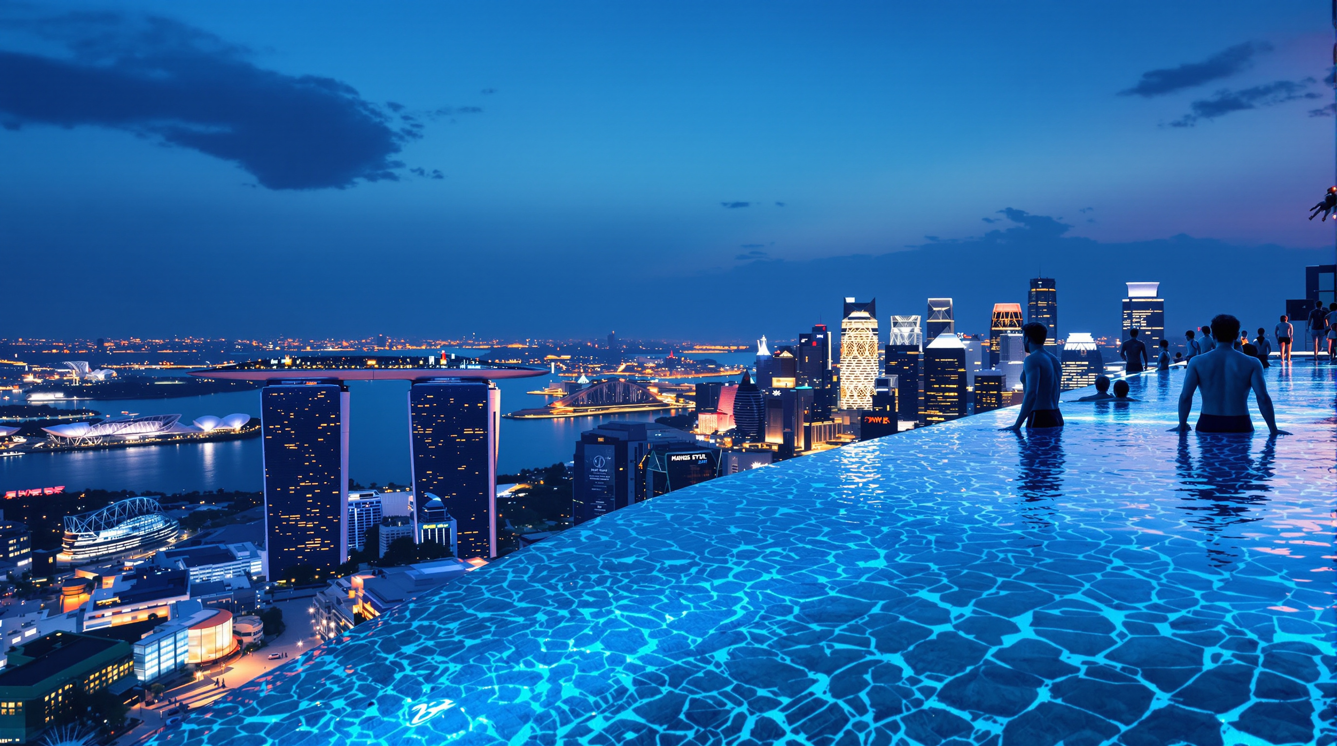 The 150-metre infinity pool on top of the Marina Bay Sands SkyPark at dusk, its water spilling over an edge that appears to merge with the Singapore skyline of towers and the bay below, swimmers silhouetted against the city lights
