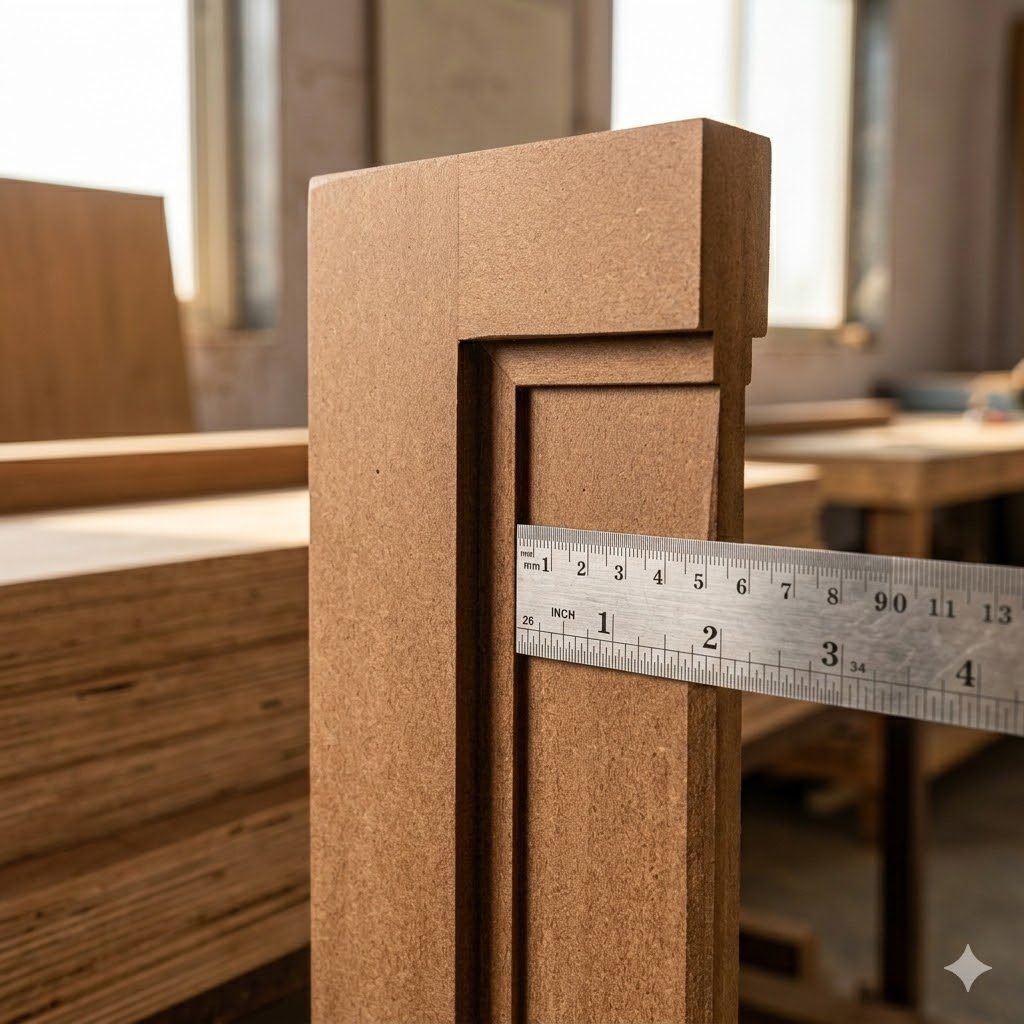 A close-up macro of an HDHMR shutter face that has been CNC-routed into a clean shaker-style frame profile — razor-sharp routed groove with no fibre tear at the edge, ready for PU finish, warm brown HDHMR colour under soft north-light through a workshop window
