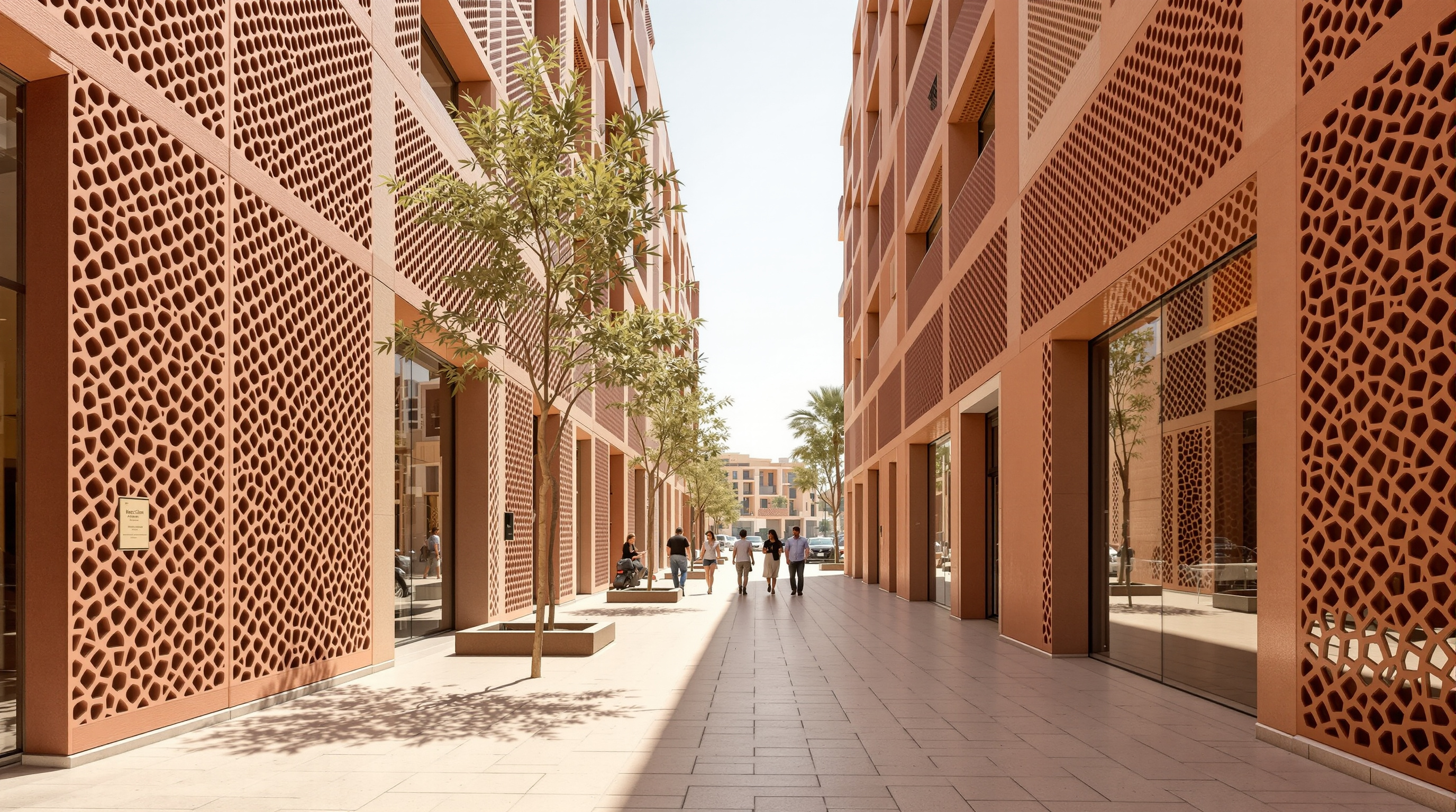A narrow shaded pedestrian street in Masdar City between two multi-storey buildings clad in reddish perforated terracotta lattice screens, the geometric patterns casting dappled shadow onto sand-coloured paving, no cars present, a few people walking