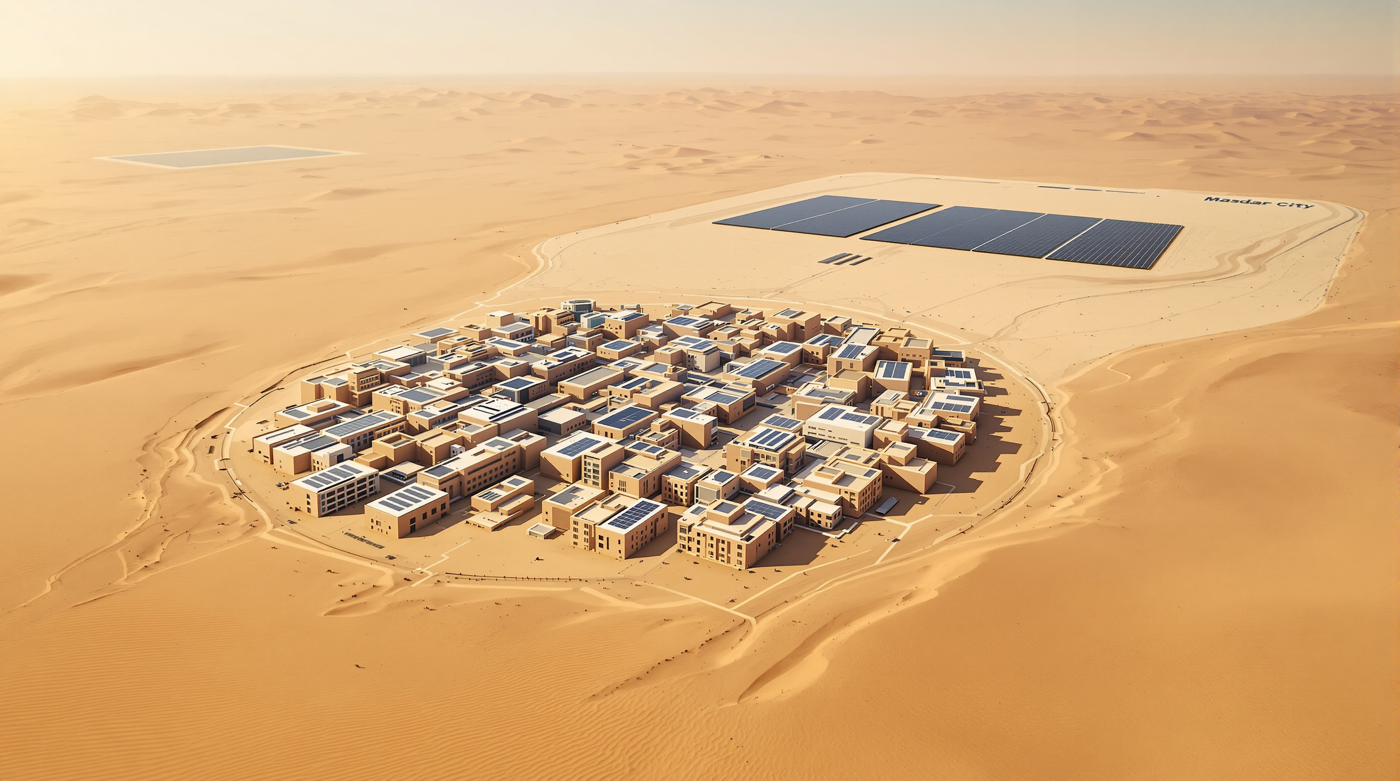 An aerial view of Masdar City in the desert showing a compact cluster of low sand-coloured blocks with photovoltaic panels covering many rooftops, a large flat solar farm on the open desert beside it, and the empty sandy expanse of the unbuilt remainder of the site stretching to the horizon