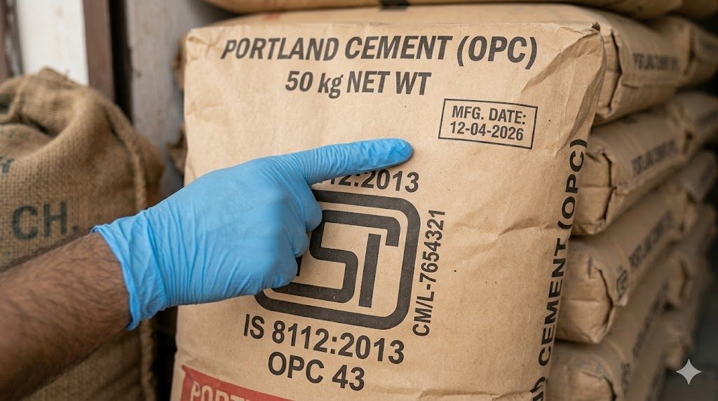 Close-up of an Indian cement bag at the site materials store, framed so the printed ISI mark fills most of the frame — classic ISI logo in a circle, IS 8112:2013 reference beneath, CM/L-XXXXXXX licence number, manufacturer brand and 50 kg weight prominent, with a site engineer's gloved finger pointing to the small Mfg. date stamp (~30 days back). The single verification that costs nothing — check the ISI mark and the manufacturing date on every bag before it leaves the truck