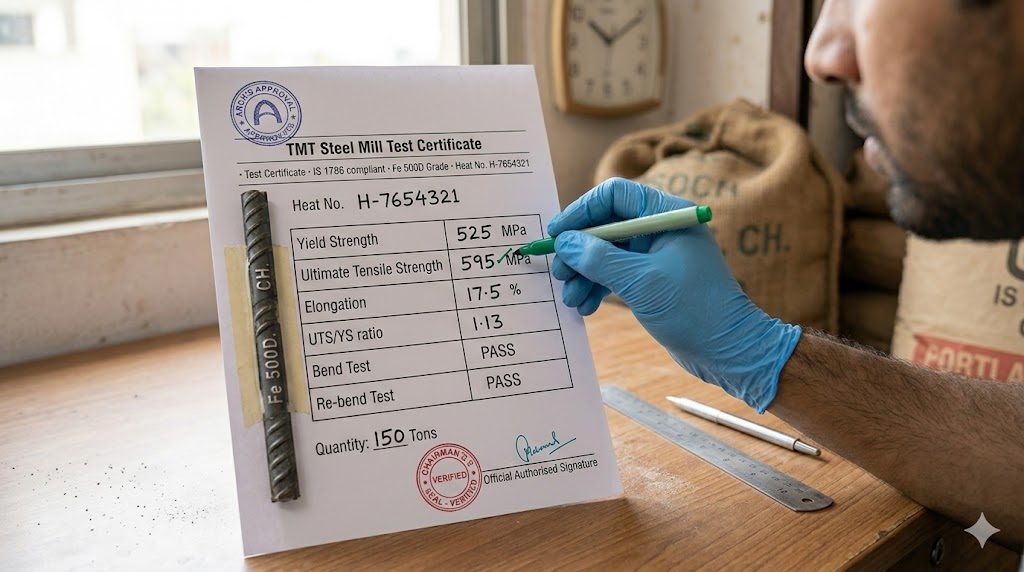 TMT mill test certificate on a site engineer's desk — institutional letterhead (Test Certificate · IS 1786 · Fe 500D · Heat No. H-XXXXX), stamped parameter values (Yield 525 MPa, UTS 595 MPa, Elongation 17.5%, UTS/YS 1.13, Bend & Re-bend PASS), batch quantity and authorised signature with seal. Beside it, a cut sample of the actual TMT bar with the rolled-on rib pattern + 