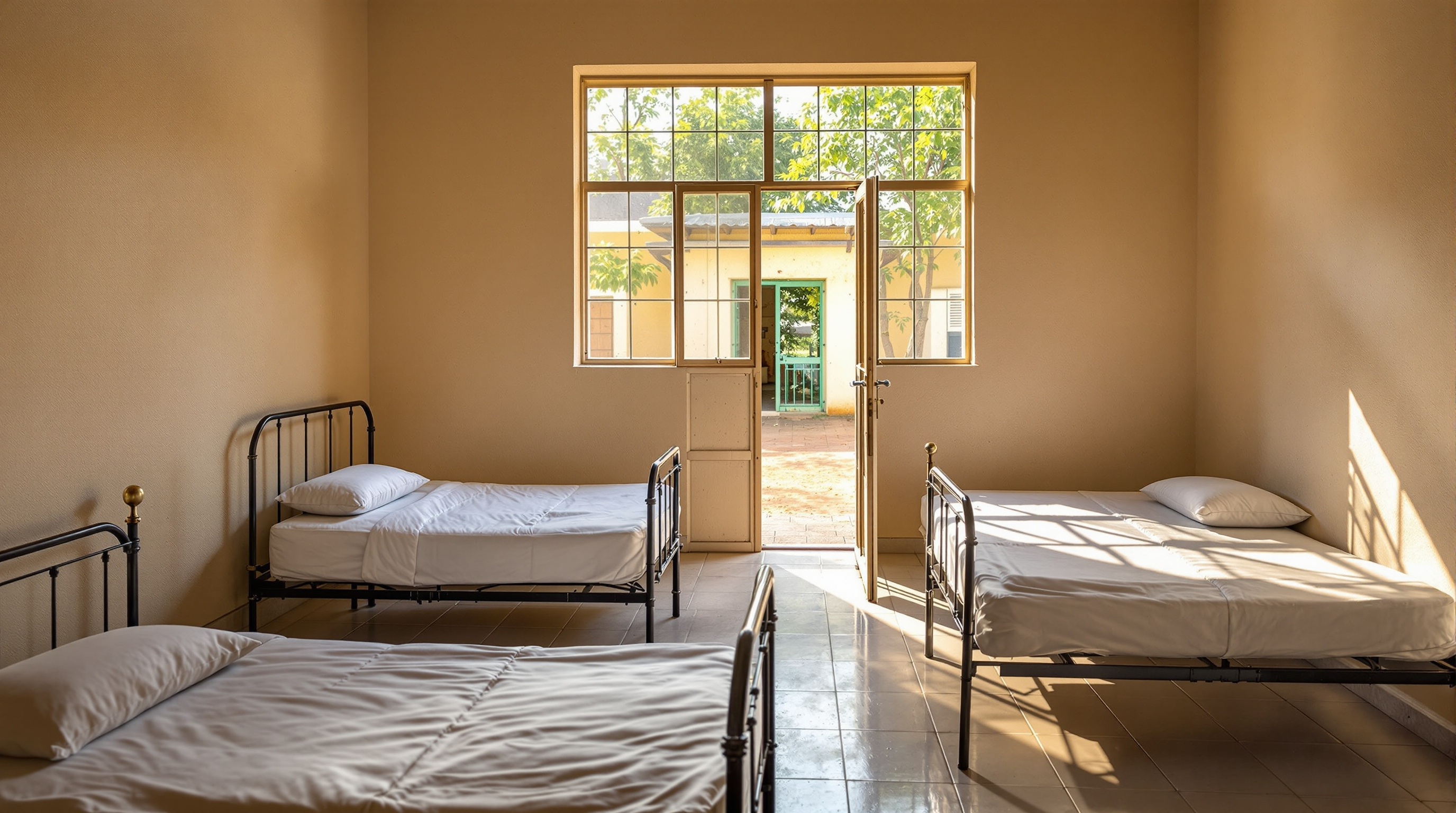 Interior of a four-bed sleeping room with pale plastered compressed-earth walls, a large screened window casting soft daylight across simple metal beds, and a doorway opening onto a green sunlit courtyard