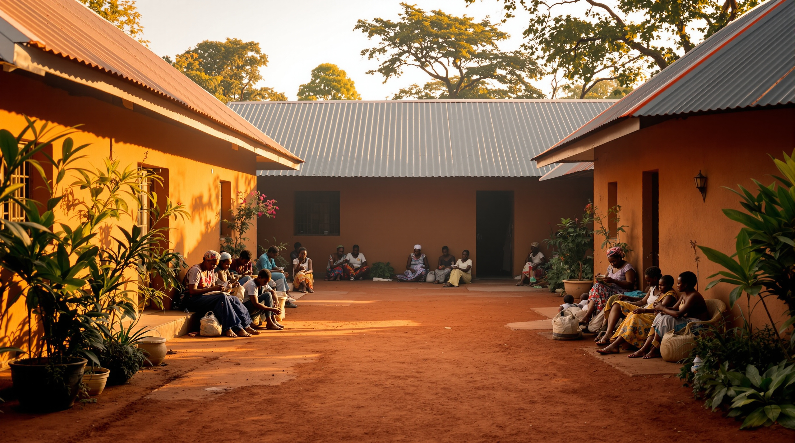 Women sitting together in a shaded, planted courtyard between earth-walled buildings, some working on handicrafts, children nearby, warm afternoon light and long shadows across the swept earth