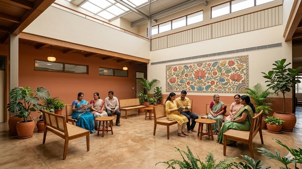 Antenatal OPD waiting area in an Indian women's hospital — daylit, family-accommodating, mood of dignified anticipation
