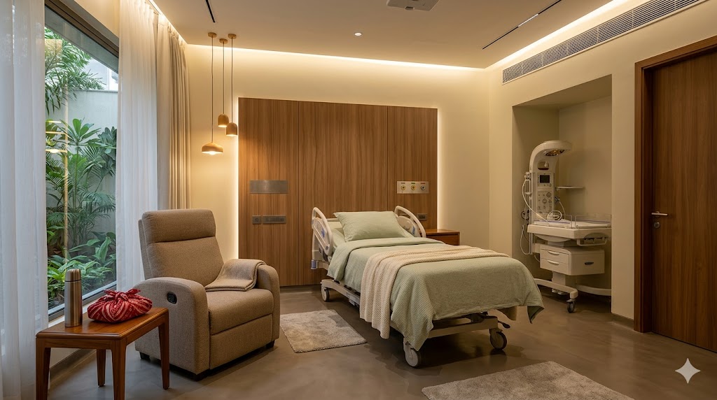 Contemporary LDR room interior — concealed clinical headwall, family recliner, daylight, mood of private suite