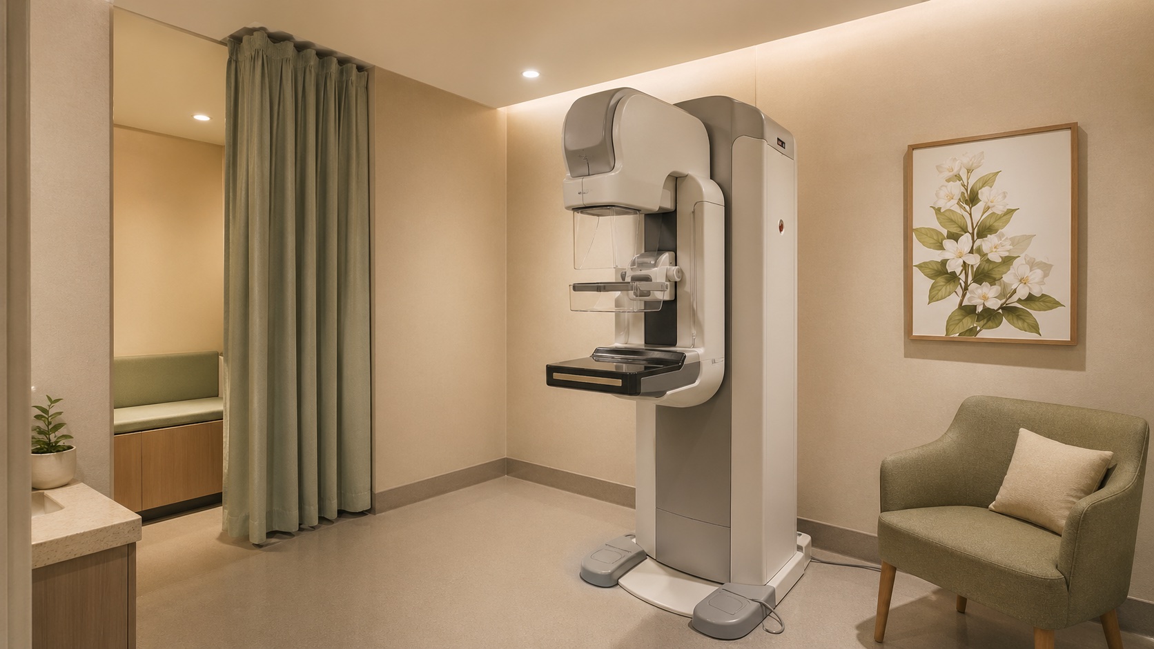 Women's wellness mammography room — lead-shielded, dignity-led, female-staff configured