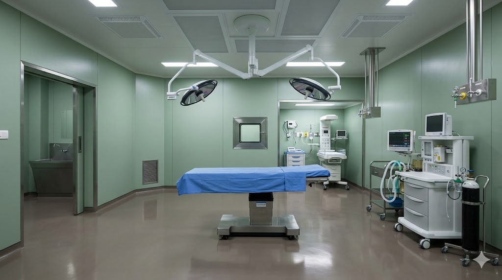 Obstetric operation theatre in ready state — sage-green panels, dual surgical lights, baby resuscitation alcove visible at far end