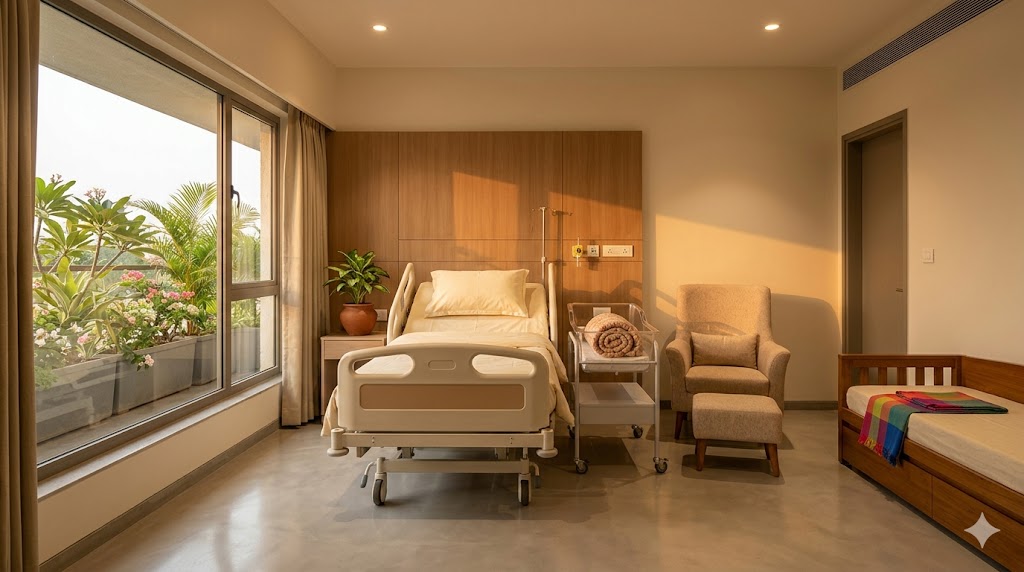 Postpartum single room with rooming-in — newborn cot adjacent to mother's bed, lactation chair beside the cot, family attendant day-bed against far wall