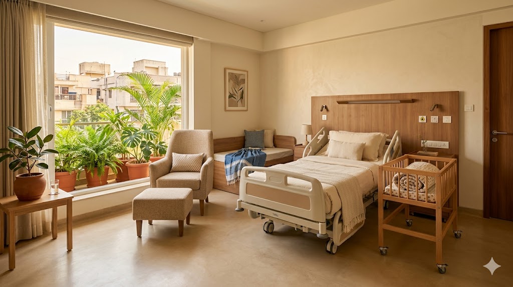 Rooming-in detail — mother and newborn in the same warm-lit postpartum suite, lactation chair beside the cot