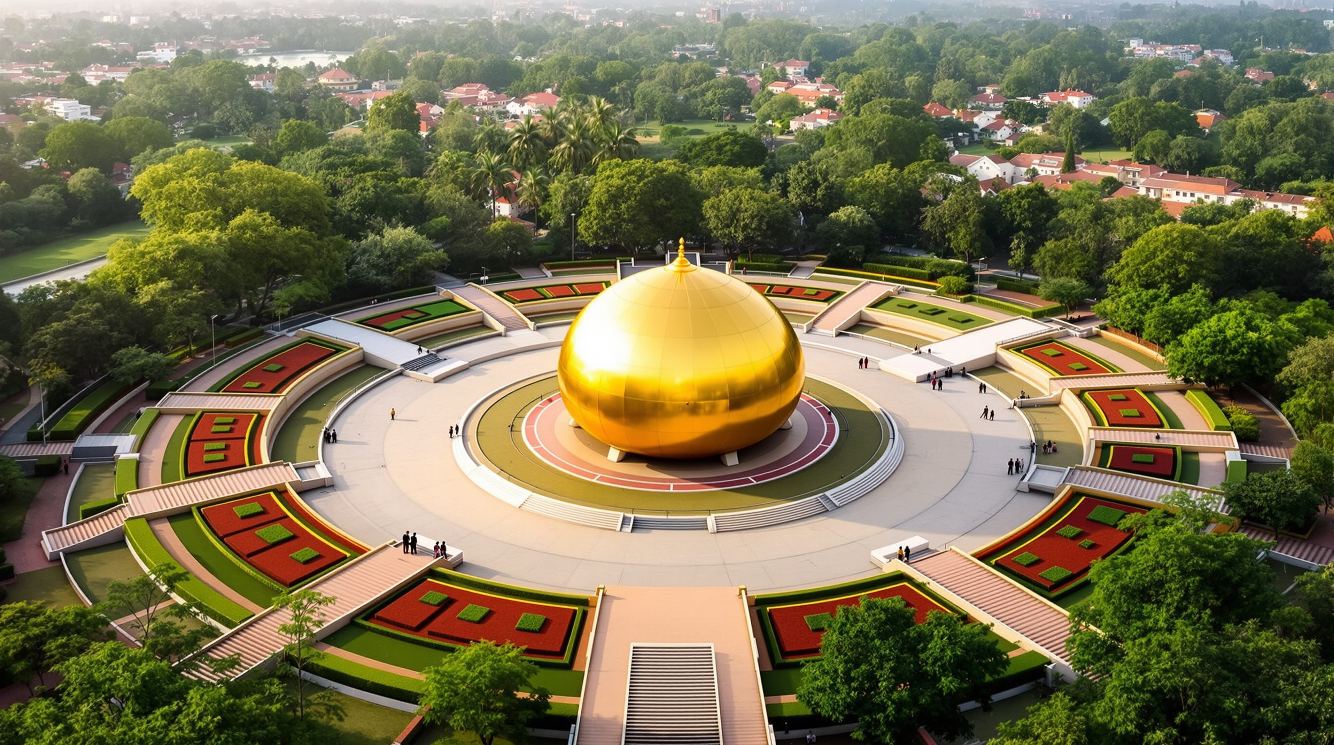 The Matrimandir seen from within its ring of twelve red-and-green landscaped gardens, the golden sphere lifted on four concrete pillars, ramps and the surrounding oval amphitheatre of the Auroville township visible