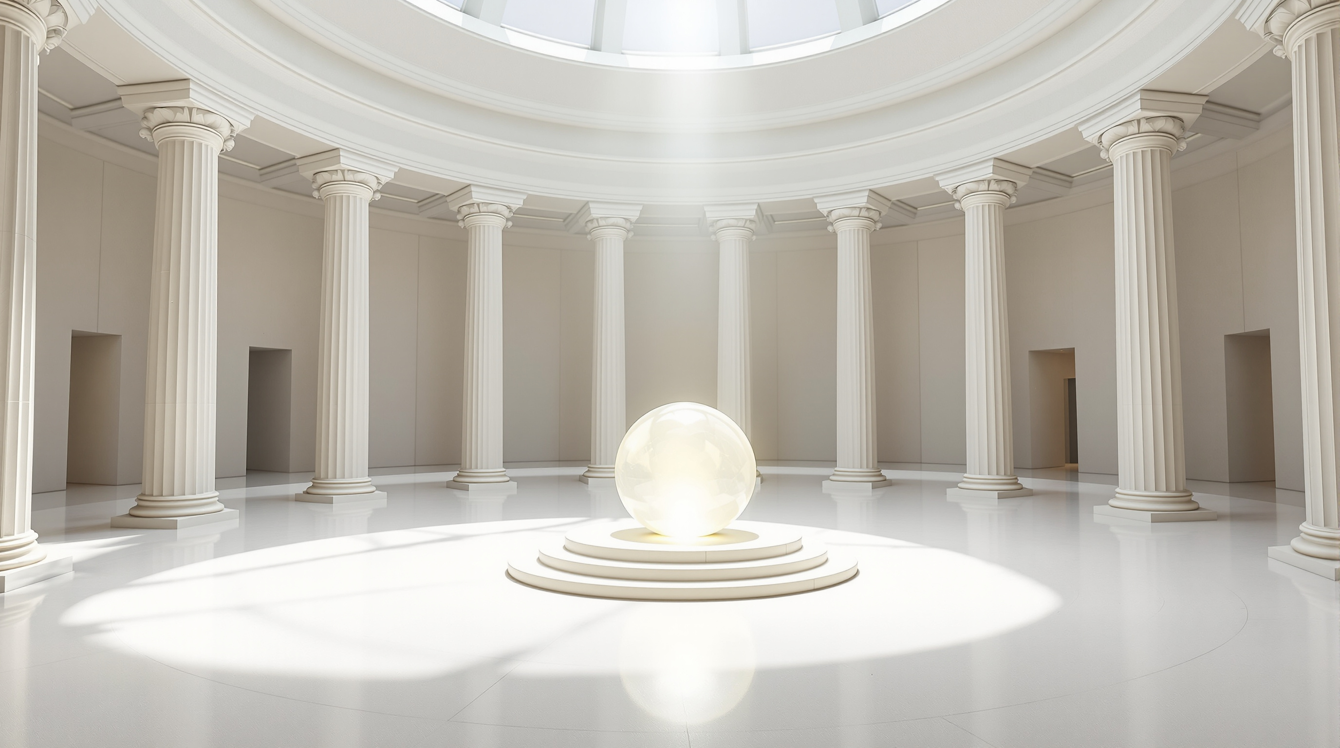 Interior of the Matrimandir's white marble Inner Chamber: a spare circular hall ringed by twelve pale columns, white carpet, and a single shaft of sunlight descending onto a glowing translucent glass globe at the exact centre