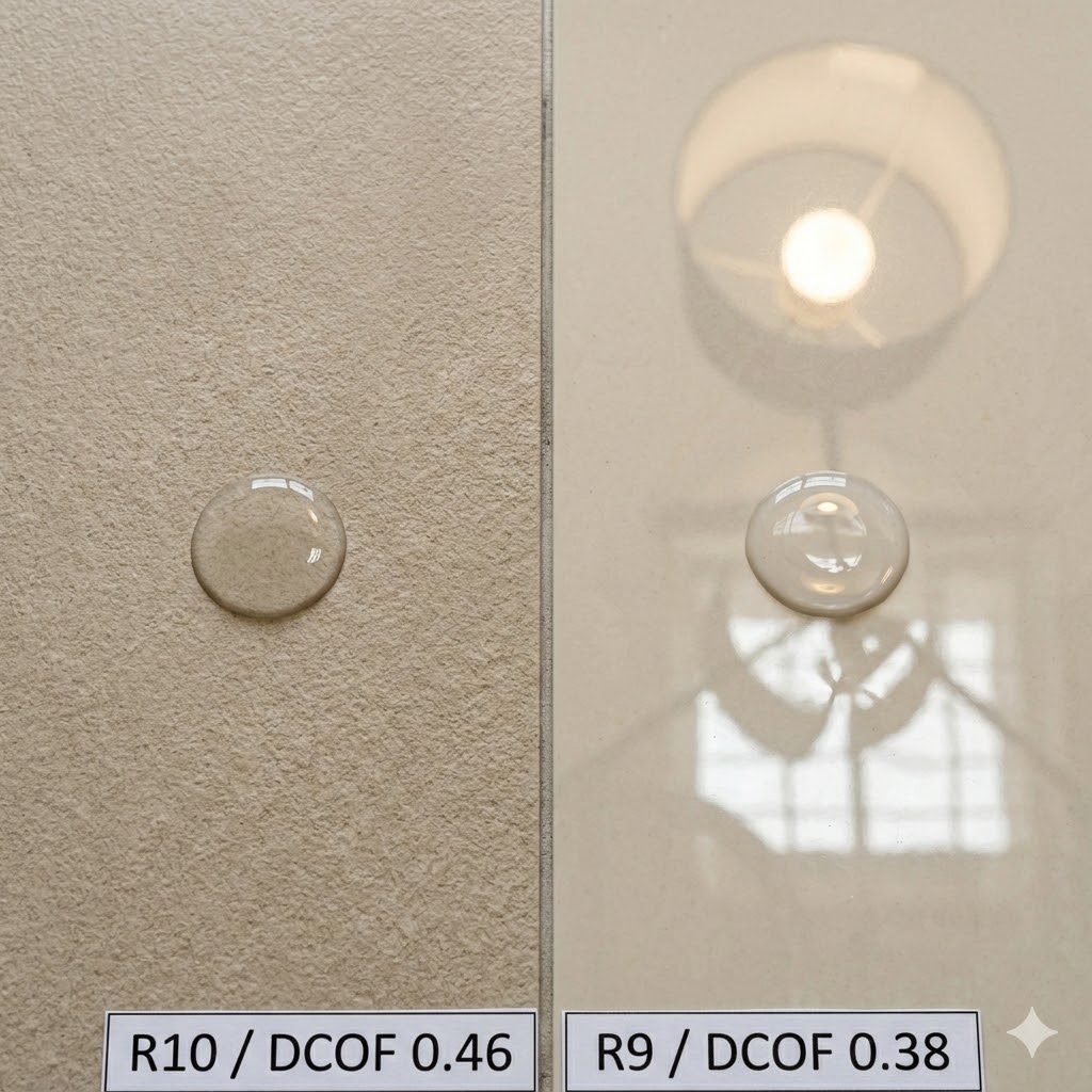 A top-down macro of two 600 mm vitrified floor tiles laid side by side — left a matte beige R10 tile holding a water drop cleanly, right a glossy polished ivory R9 tile aggressively reflecting an overhead lamp, with slip-rating tags visible on each tile