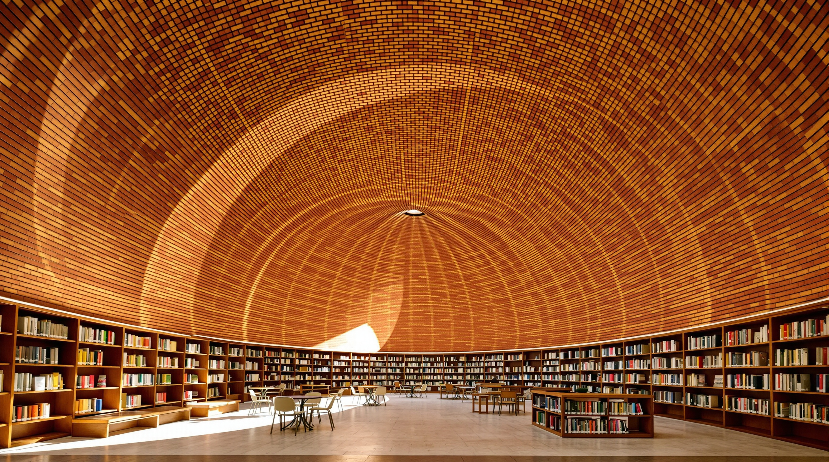 Interior of the Maya Somaiya Library looking up into the tile vault: the underside of the curved brick shell sweeps overhead in a warm herringbone of terracotta, daylight washing in from the ends, low wooden bookshelves and reading nooks arranged beneath the arching roof