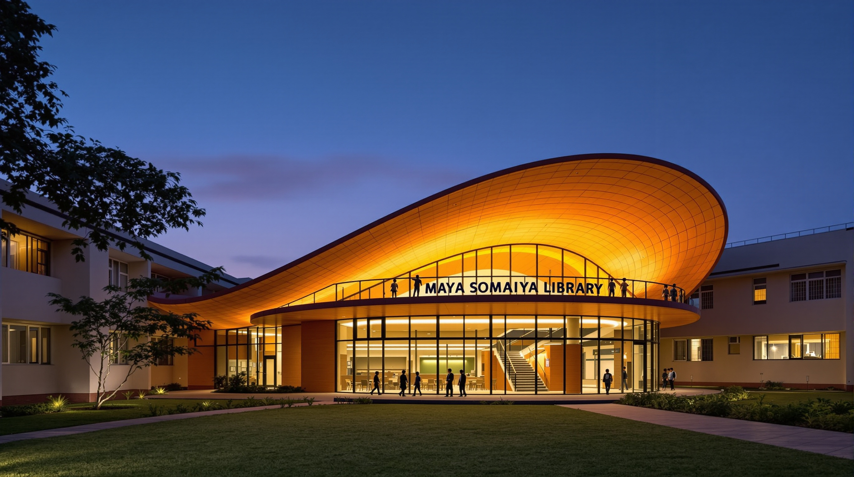 Exterior of the Maya Somaiya Library at dusk: the low undulating terracotta vault glowing warmly between the plain school buildings, its curved surface meeting the ground so a path leads up and over the roof, a few children silhouetted walking along the crest