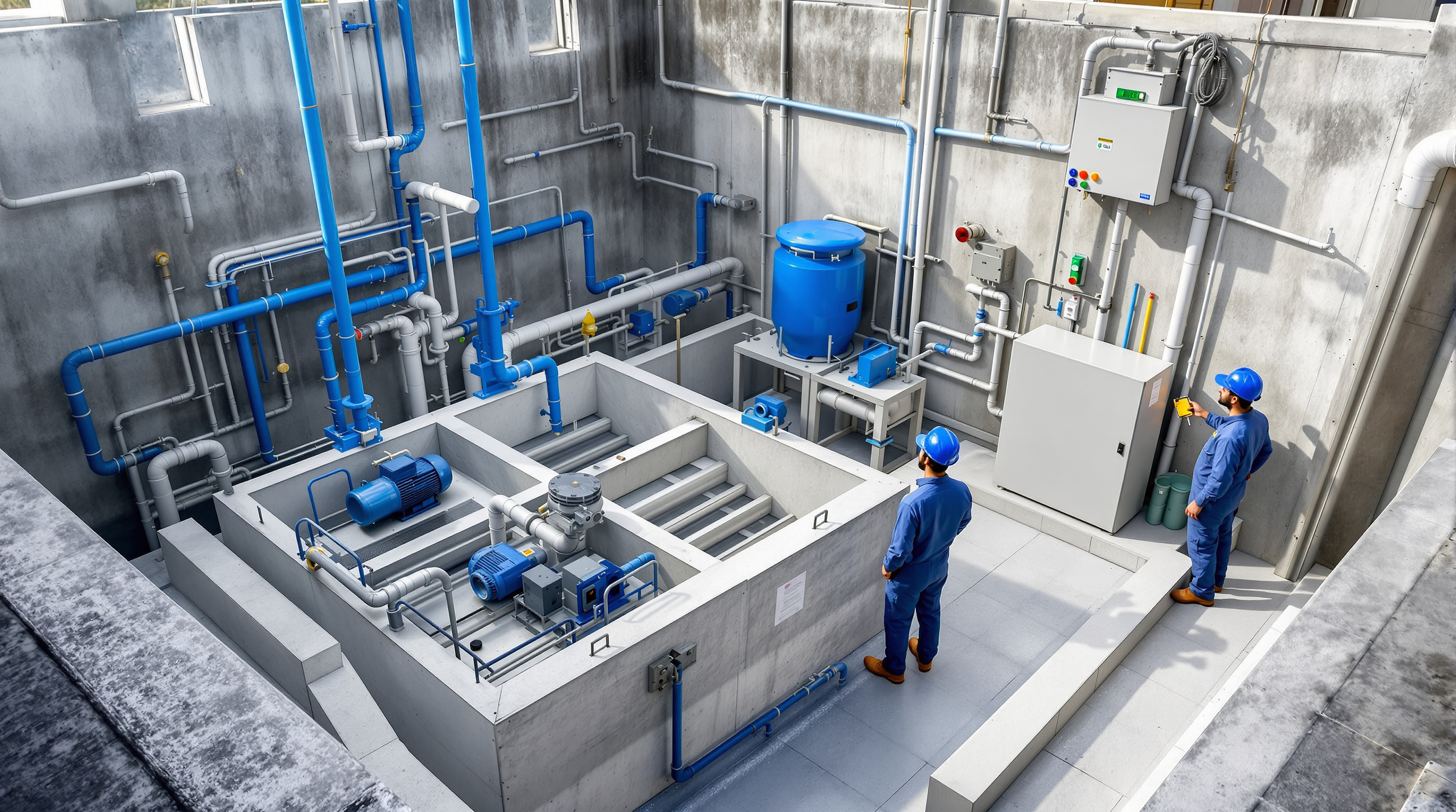 A compact MBBR sewage treatment plant with aeration tanks and blowers installed in the basement of an Indian residential building