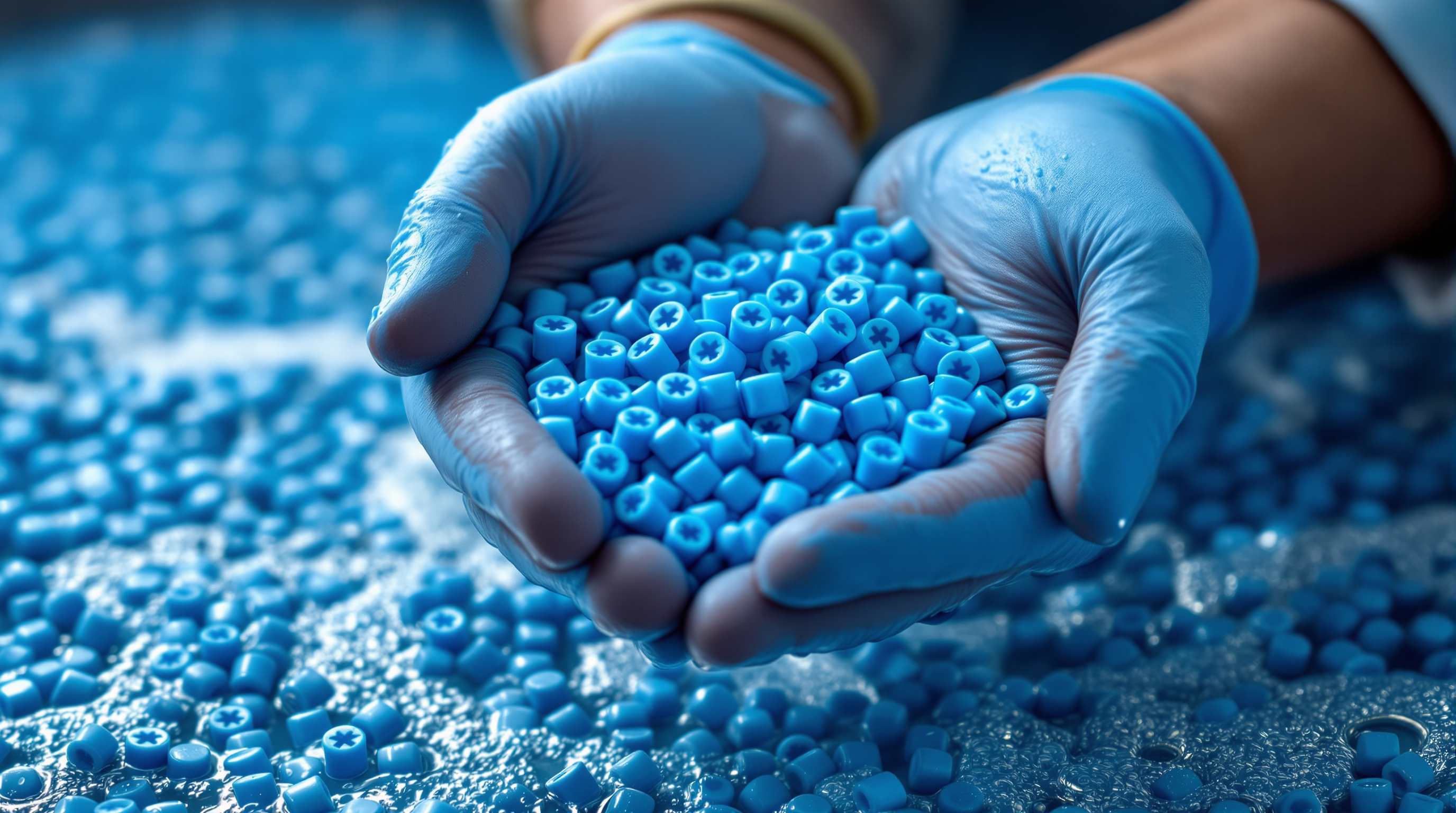 Close-up of a handful of blue cylindrical plastic MBBR biofilm media carriers held over an aeration tank