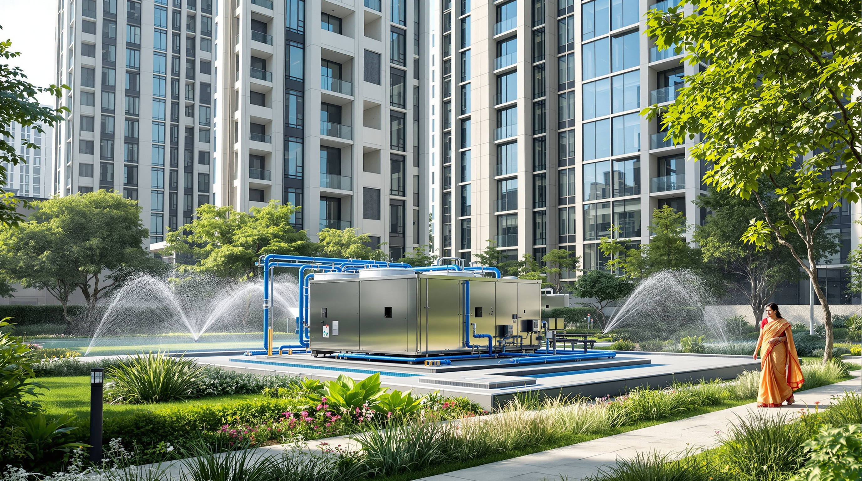 Compact rooftop membrane STP beside a tall modern Indian apartment tower with landscaped garden being irrigated by recycled water