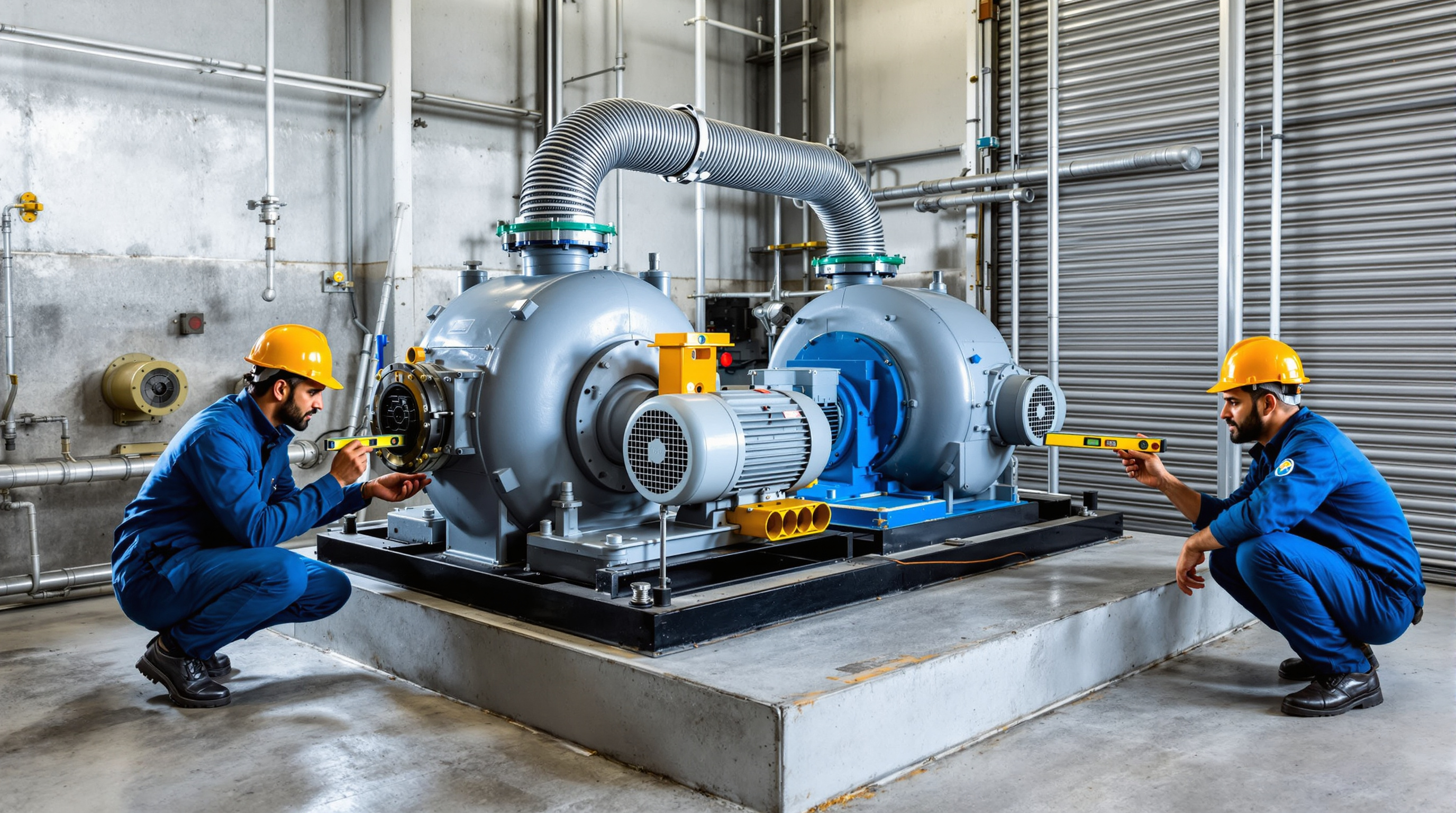 Twin-lobe roots blowers with motors mounted on a common baseplate over anti-vibration pads on a concrete plinth at a sewage treatment plant