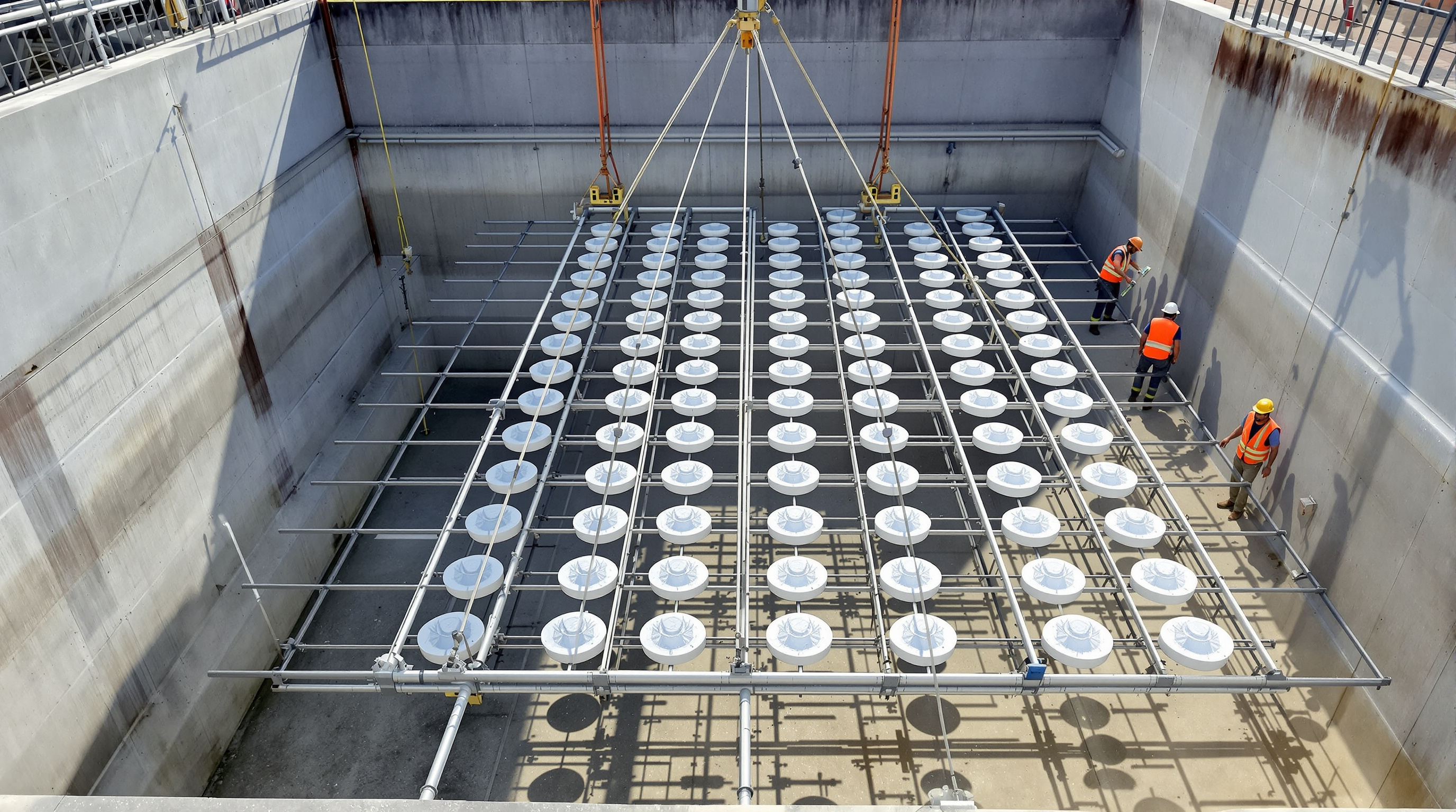 Workers lowering a fine-bubble membrane diffuser grid on air laterals into an empty aeration tank of a sewage treatment plant