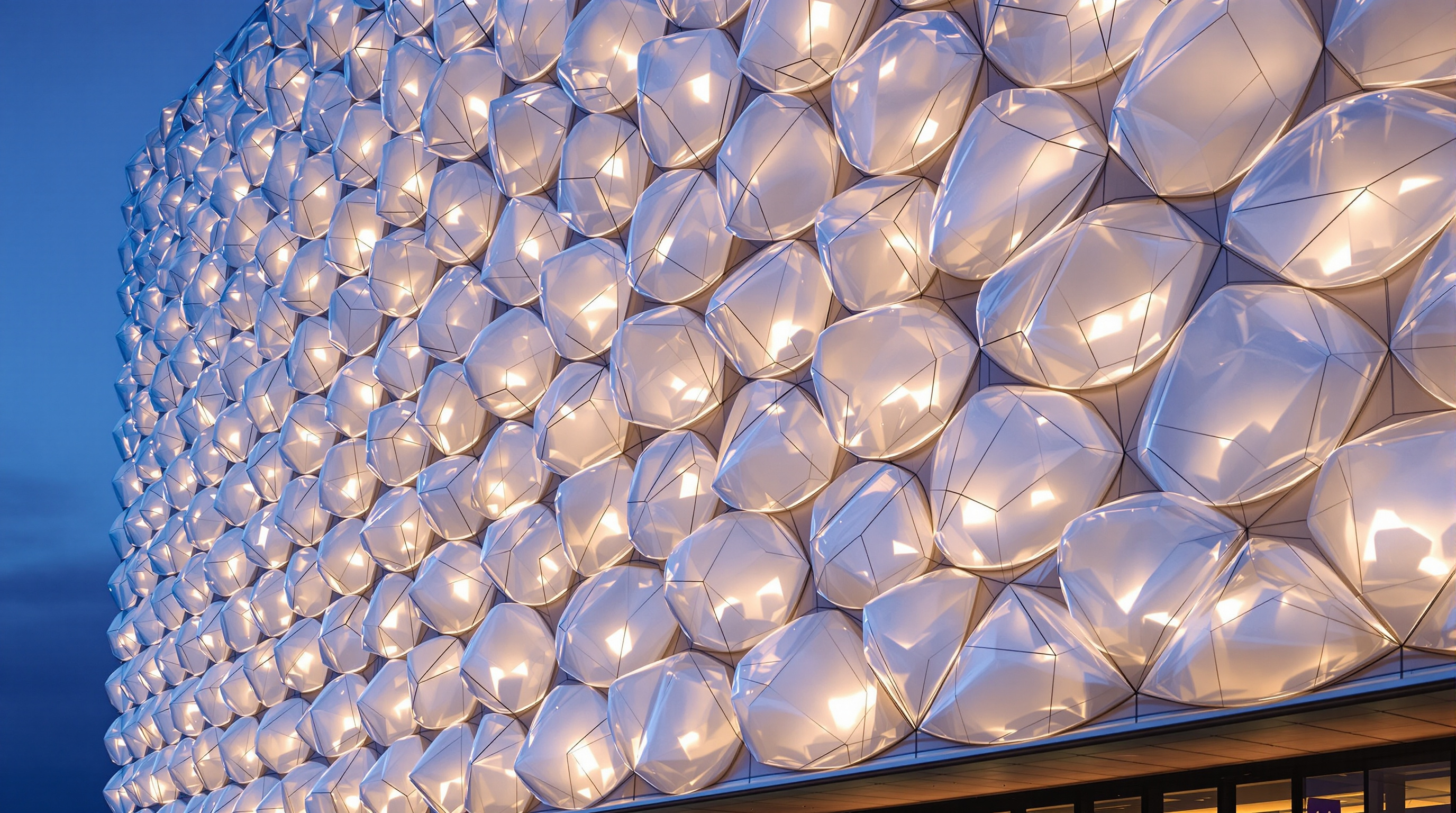 Detail of the Media-ICT south-west facade at dusk: large diamond-shaped ETFE cushions, some clear and some clouded with milky nitrogen fog, lit from within so the facade reads as a grid of glowing pillows against the darkening sky