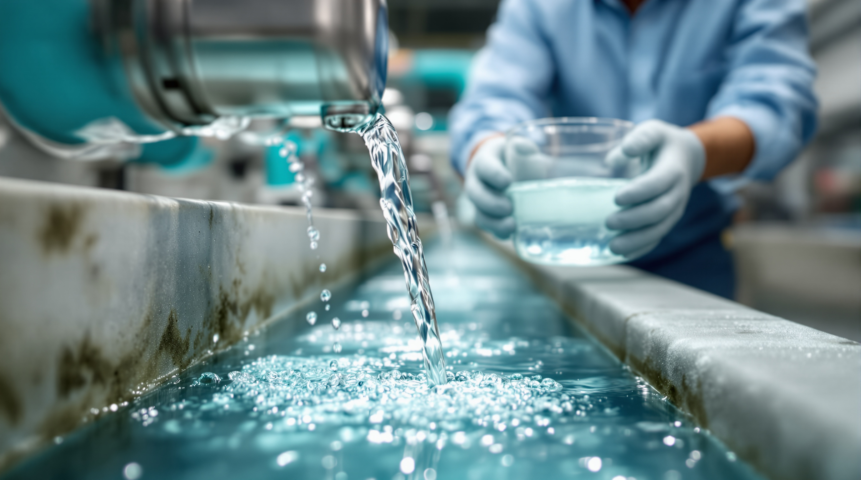 Crystal-clear treated permeate water pouring from a stainless steel outlet into a collection channel at an Indian sewage treatment plant