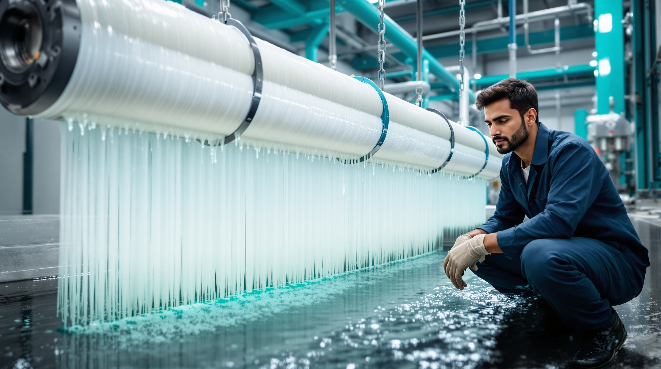 Indian technician in coveralls inspecting a lifted submerged ultrafiltration membrane module during cleaning at a compact STP