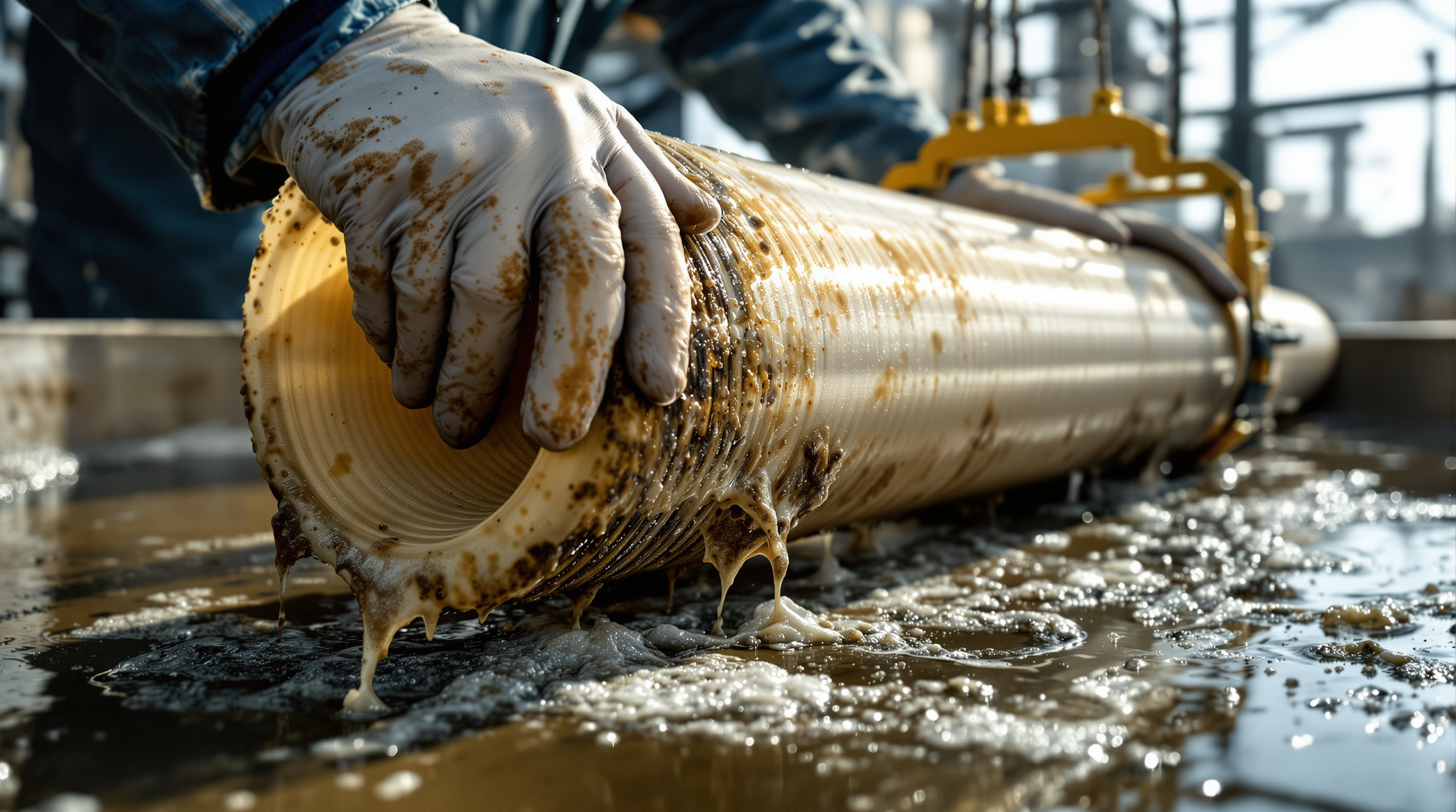 Close-up of fouled hollow-fibre ultrafiltration membrane modules lifted from an MBR tank, showing a brown biofilm and sludge cake coating the fibres
