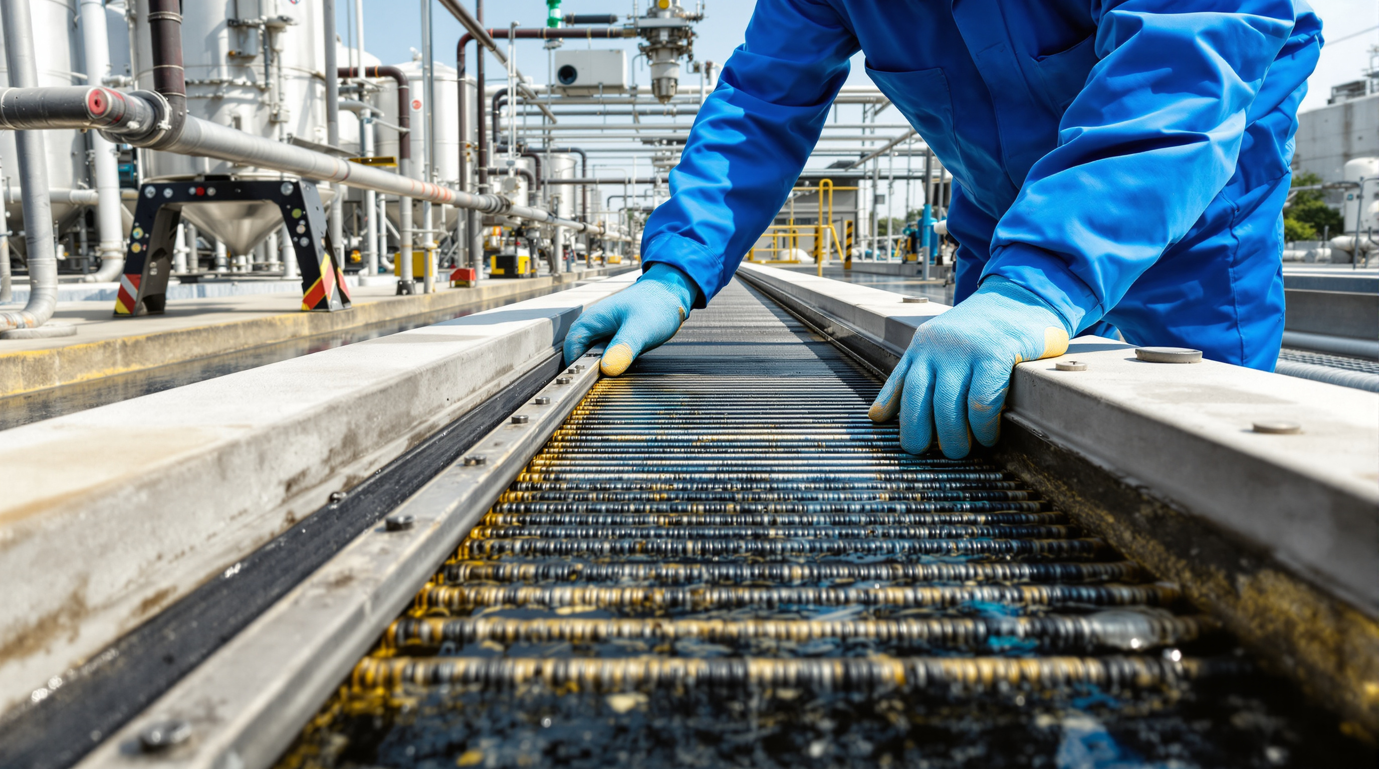 Indian STP operator in coveralls checking a fine bar screen and oil-and-grease pre-treatment channel upstream of a membrane bioreactor