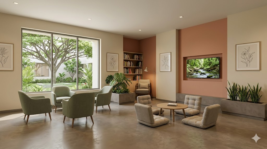 Psychiatric ward day-room — multiple seating zones, daylight, garden view, domestic-scale finishes