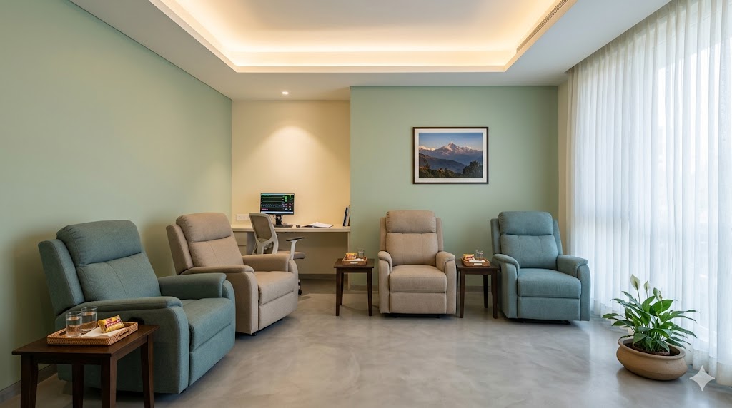 ECT step-down recovery — calm reorientation space with reclining chairs and daylight