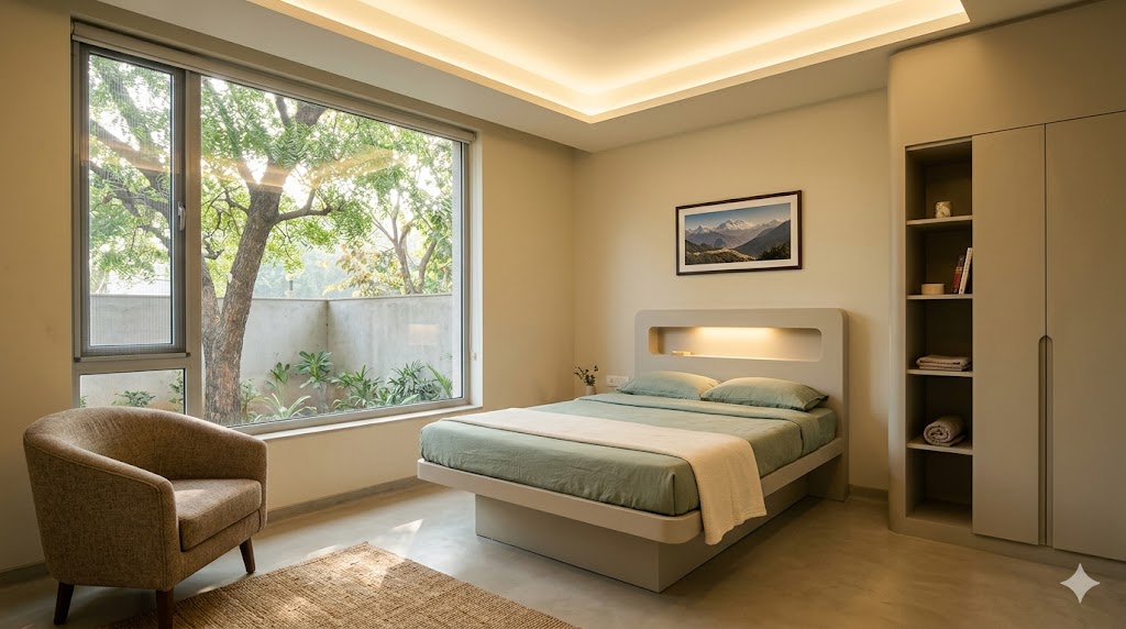 Single psychiatric inpatient room — fixed-base bed, ligature-resistant fittings, daylit, dignified, explicitly non-clinical