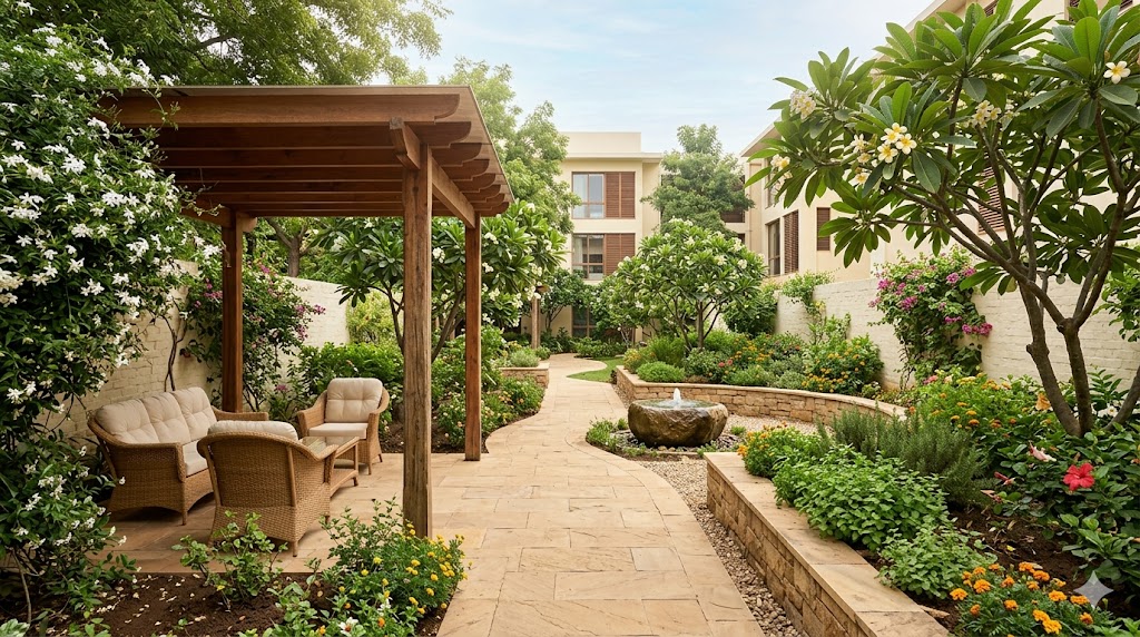 Therapeutic garden in an Indian mental health facility — restorative, secure, and explicitly non-institutional