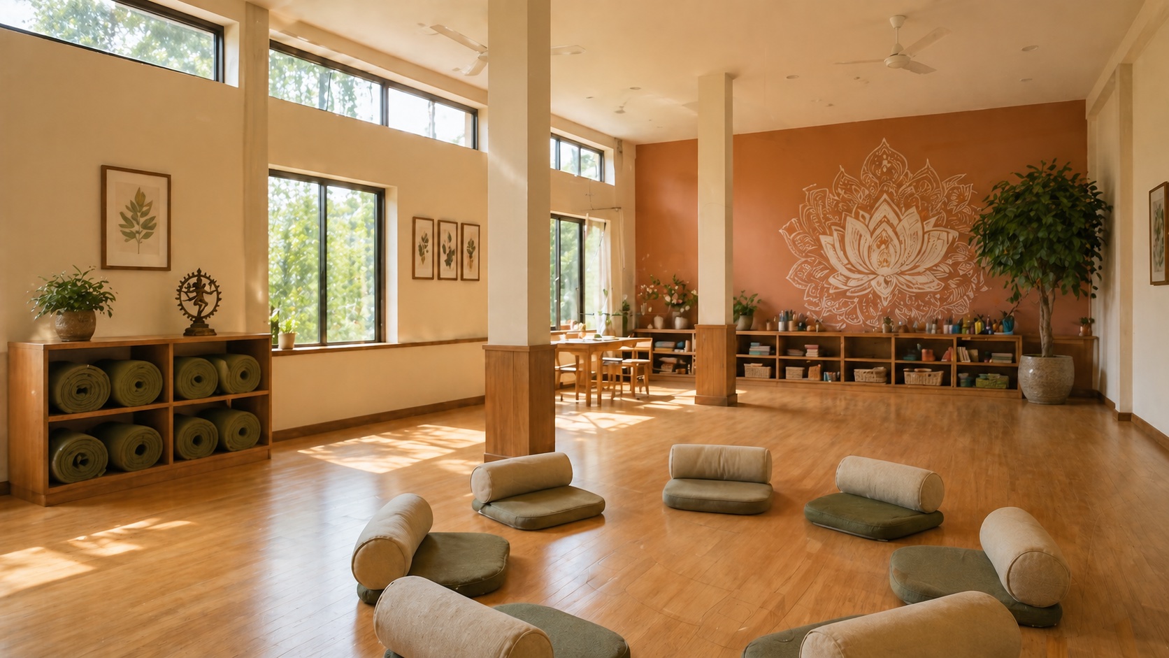 Yoga and occupational therapy hall — AYUSH-integrated, daylit, culturally Indian wellness aesthetic
