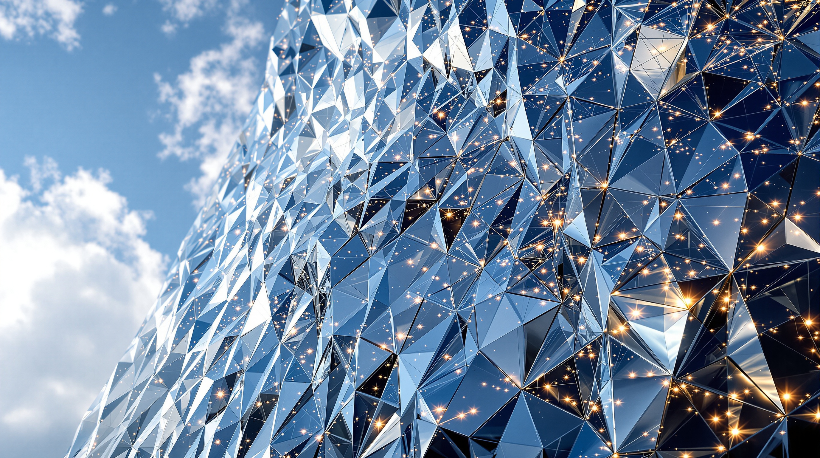Detailed close-up of Merdeka 118's faceted facade, thousands of diamond-shaped glass panels set at shifting angles so the crystalline surface fractures the sky into a shimmering pattern derived from traditional Malay Songket weaving