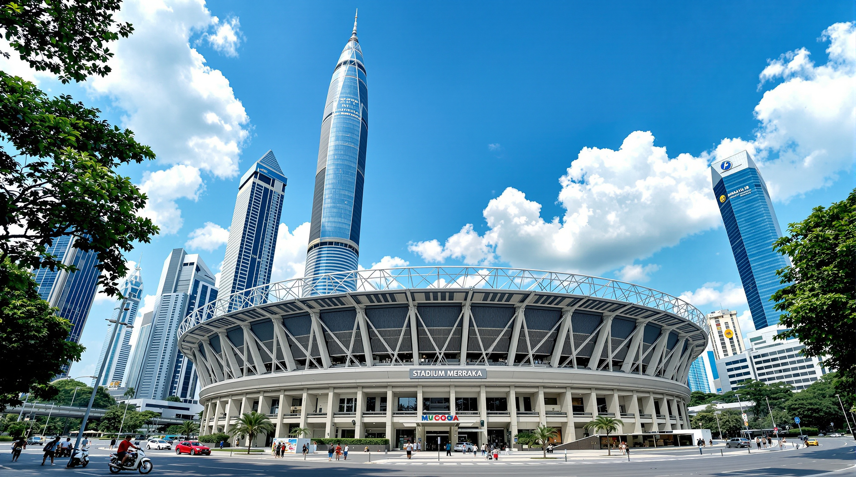 Wide view of Merdeka 118 towering over the modest low-rise heritage bowl of Stadium Merdeka in the foreground, the vast scale difference dramatising a national megaproject rising directly beside the ground where independence was declared