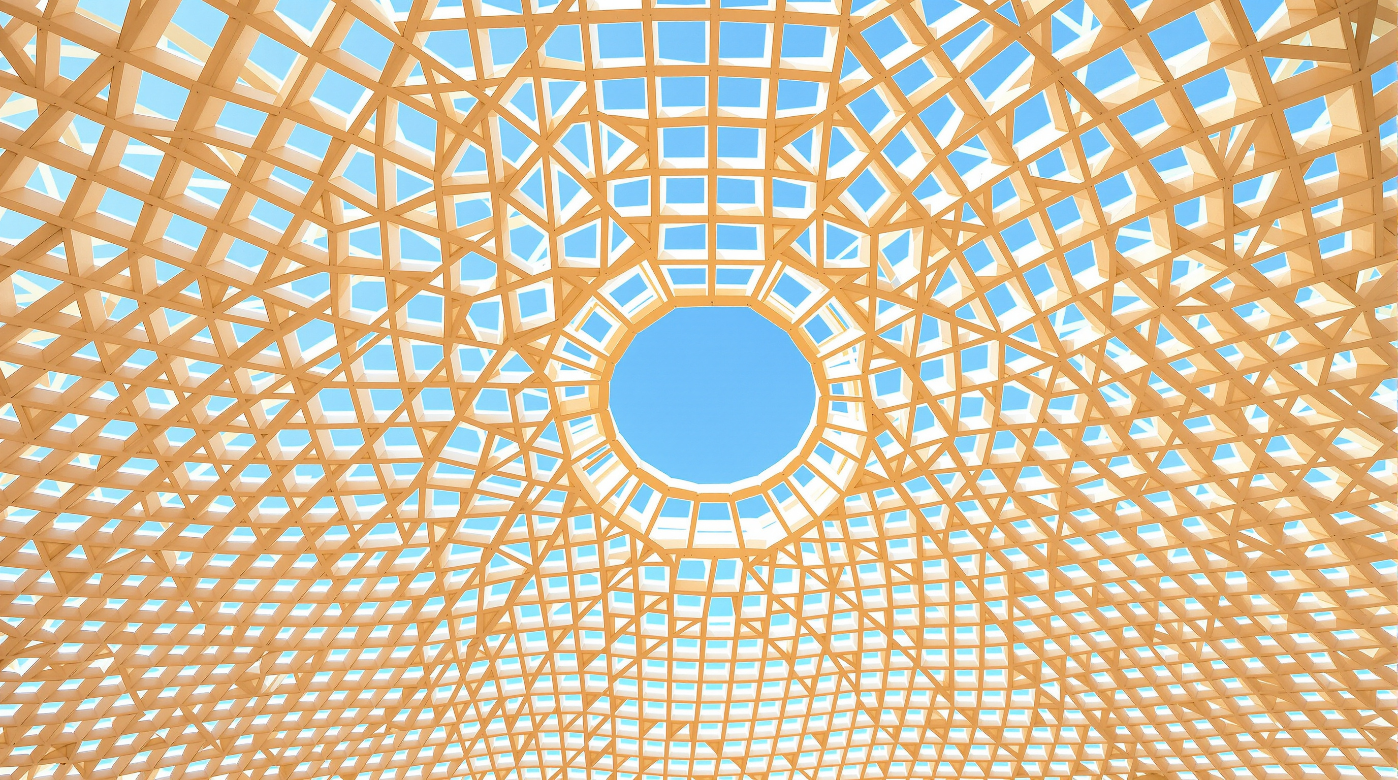 Looking straight up into the underside of the Metropol Parasol canopy, the dense honeycomb of pale timber cells forming a warm, cathedral-like ceiling of interlocking hexagonal and square voids against the bright Seville sky