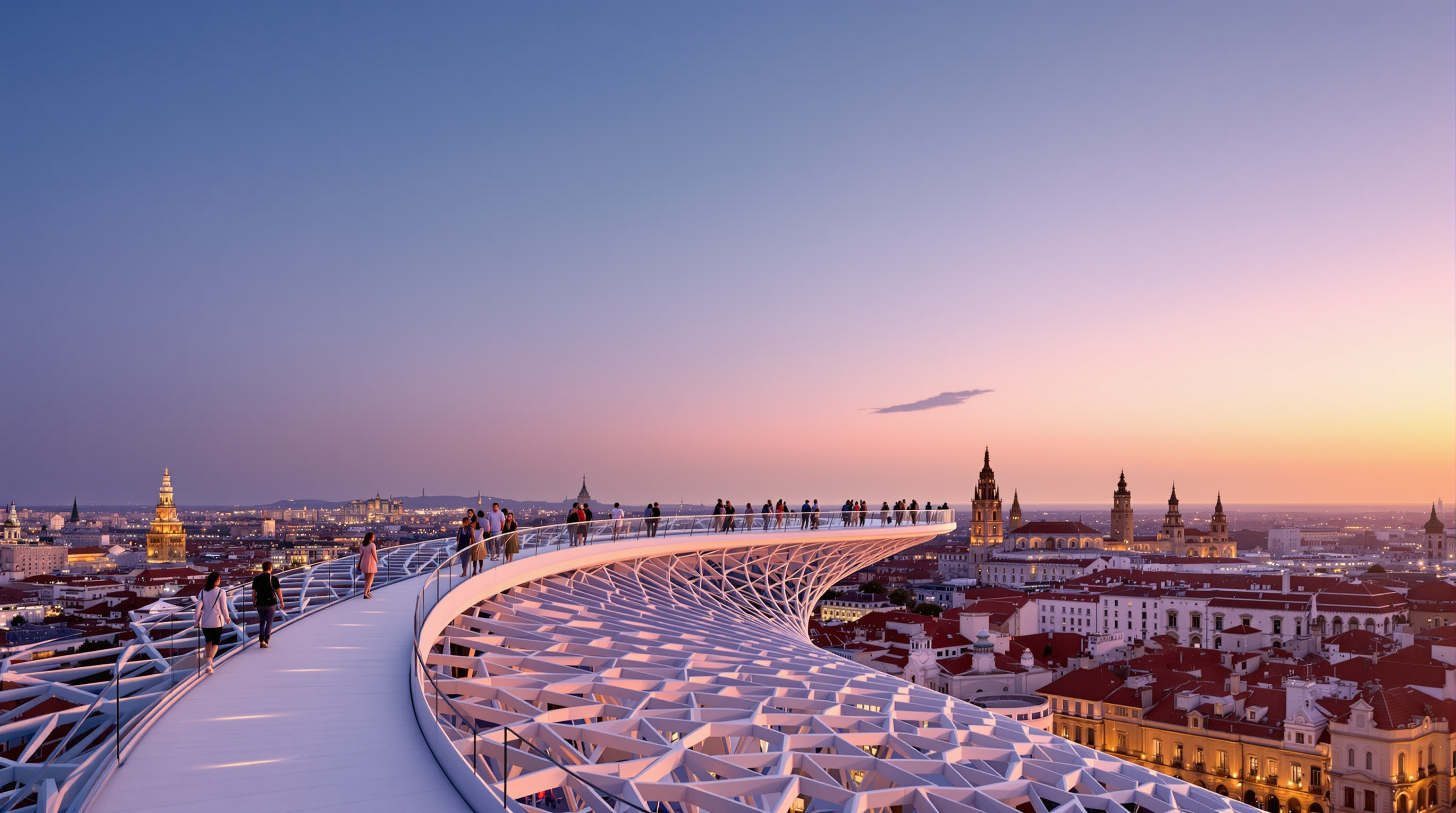 The elevated walkway winding along the crest of the Metropol Parasol at dusk, visitors strolling the undulating rooftop path with the terracotta rooftops, church towers and skyline of old Seville spread out beyond the timber lattice