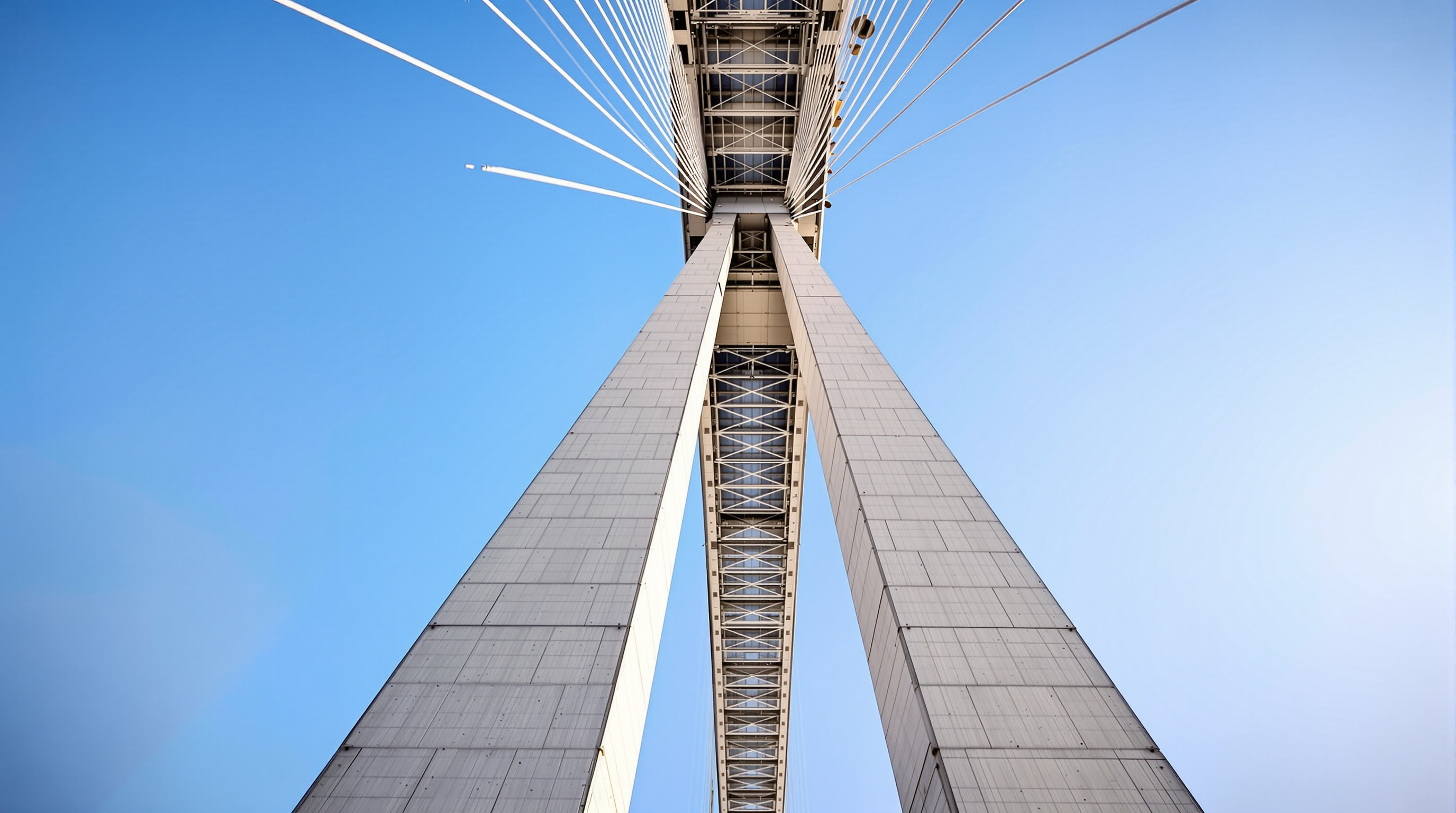 Looking up at one Millau Viaduct pier from the valley floor: the tall concrete shaft splits near the top into two slender tapering blades that carry the steel deck, with a fan of cable stays radiating from the white mast above against a blue sky