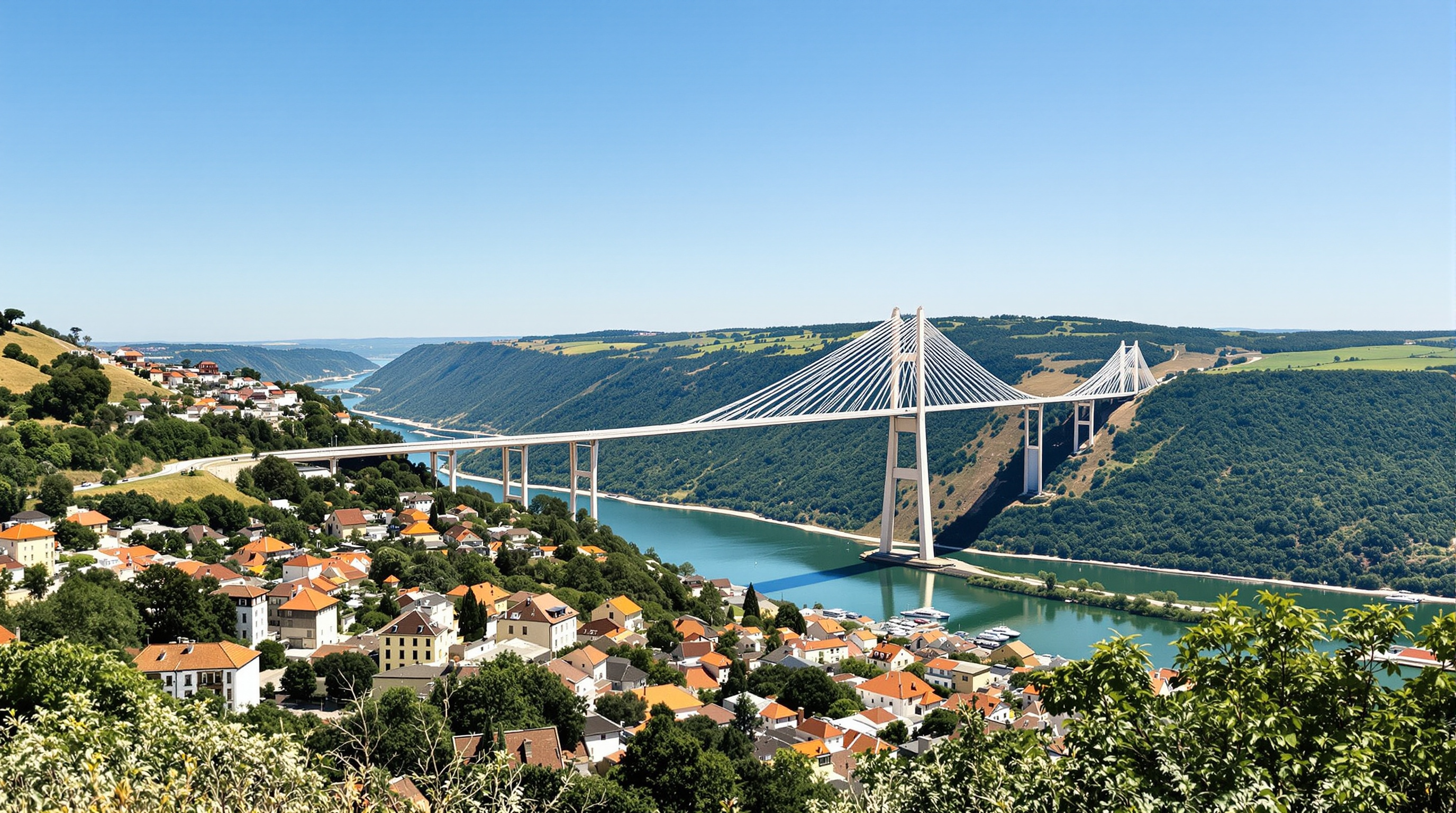 The Millau Viaduct seen from the valley below with the town of Millau and its terracotta rooftops in the foreground, the vast pale bridge striding across the whole width of the green Tarn gorge on its row of tapering piers under a bright sky