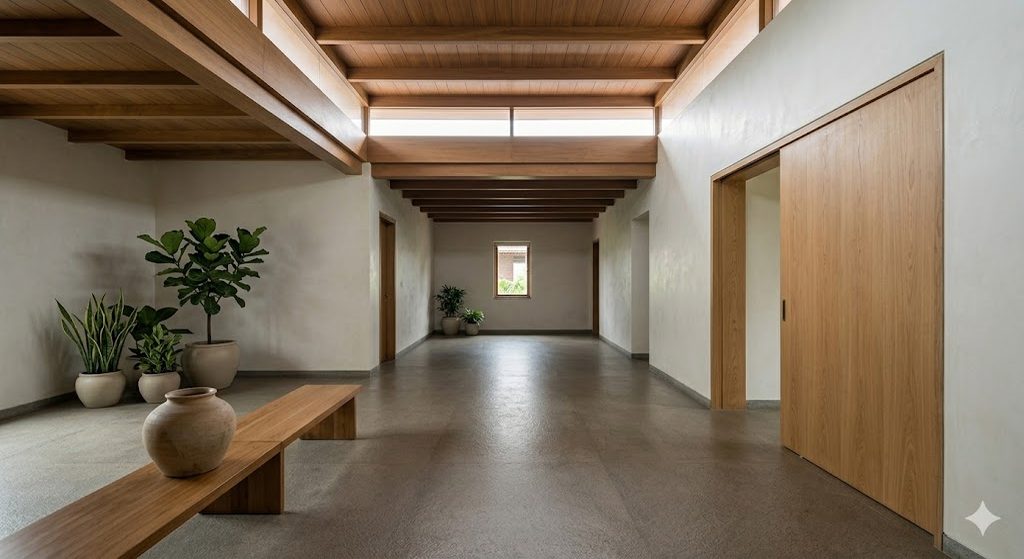 Interior of a Samira Rathod-style Indian minimalist residence: a long open volume with a lime-plastered white wall, a single oak-clad sliding door, a monolithic Kota stone floor in warm grey, a single ceramic vessel on a low timber bench, restrained daylight from a clerestory above
