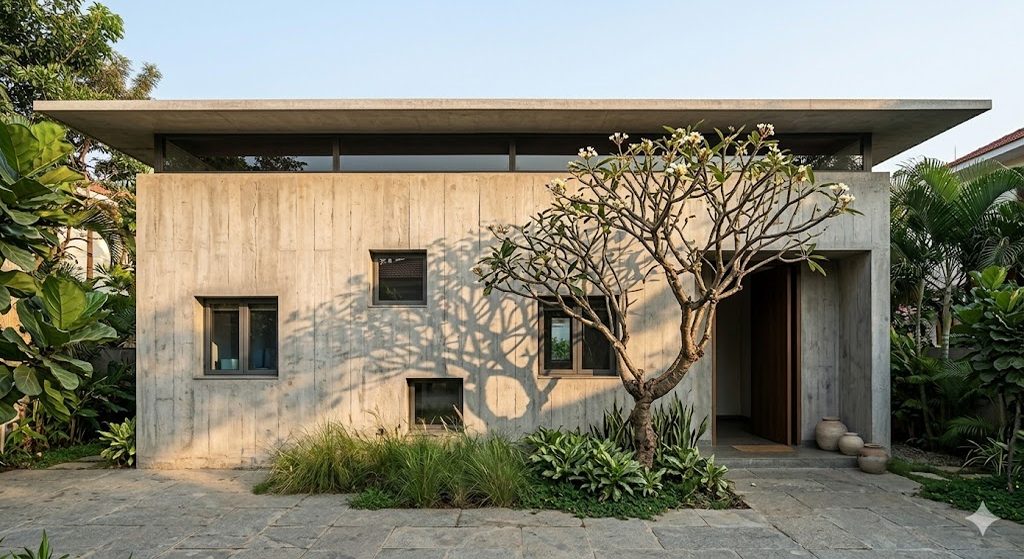 Exterior of an Indian minimalist residence in temperate Bangalore: a single rectangular volume in exposed concrete with deep-set windows, a long horizontal clerestory slot, a frangipani tree shading the entry, a thin overhanging roof slab, late-afternoon light raking across the concrete grain