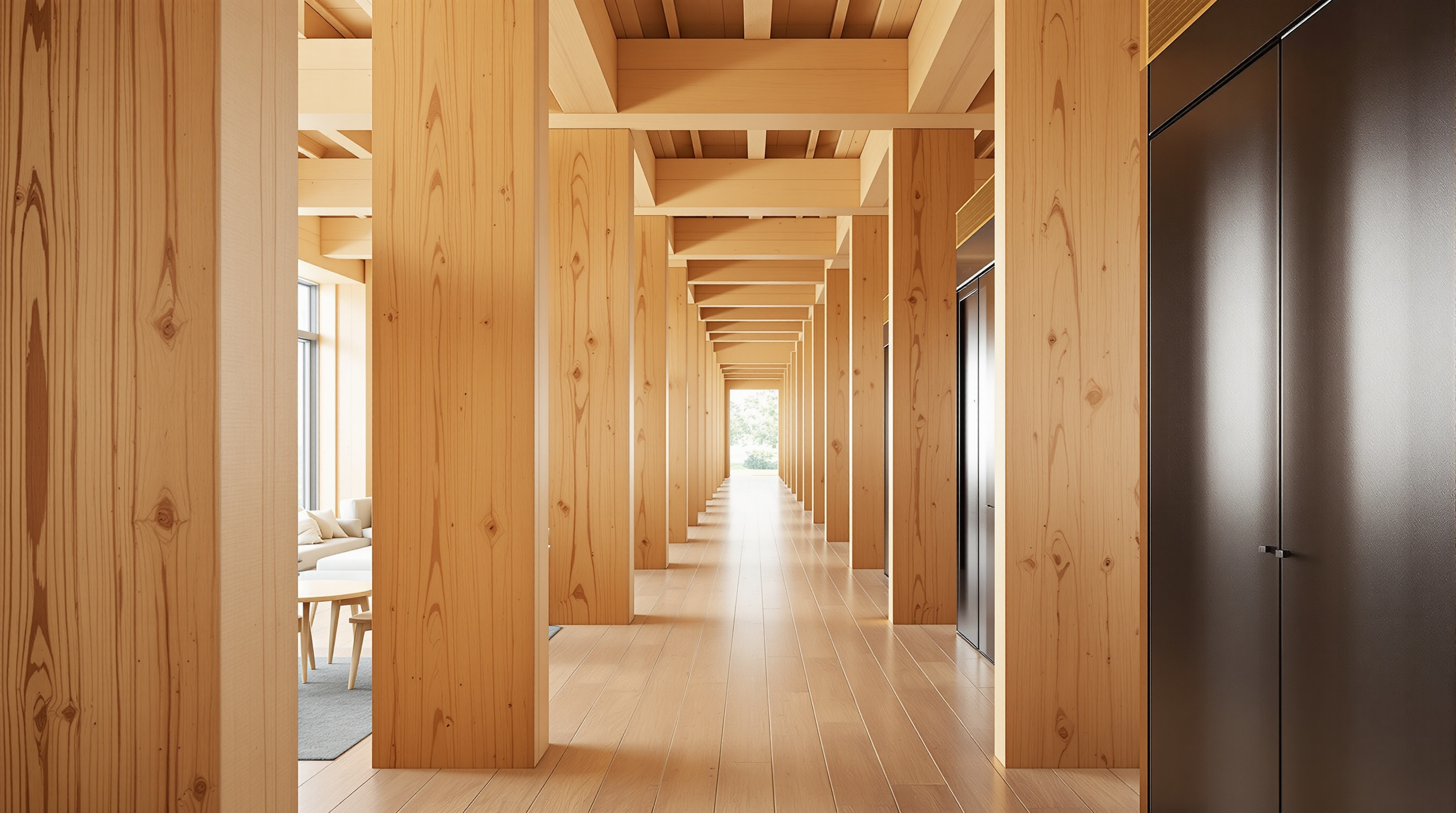 The interior of Mjøstårnet during use: a warm, exposed glued-laminated timber column and beam frame in a hotel corridor, the honey-coloured wood grain of the structure left visible as finish, with soft daylight from a window at the end