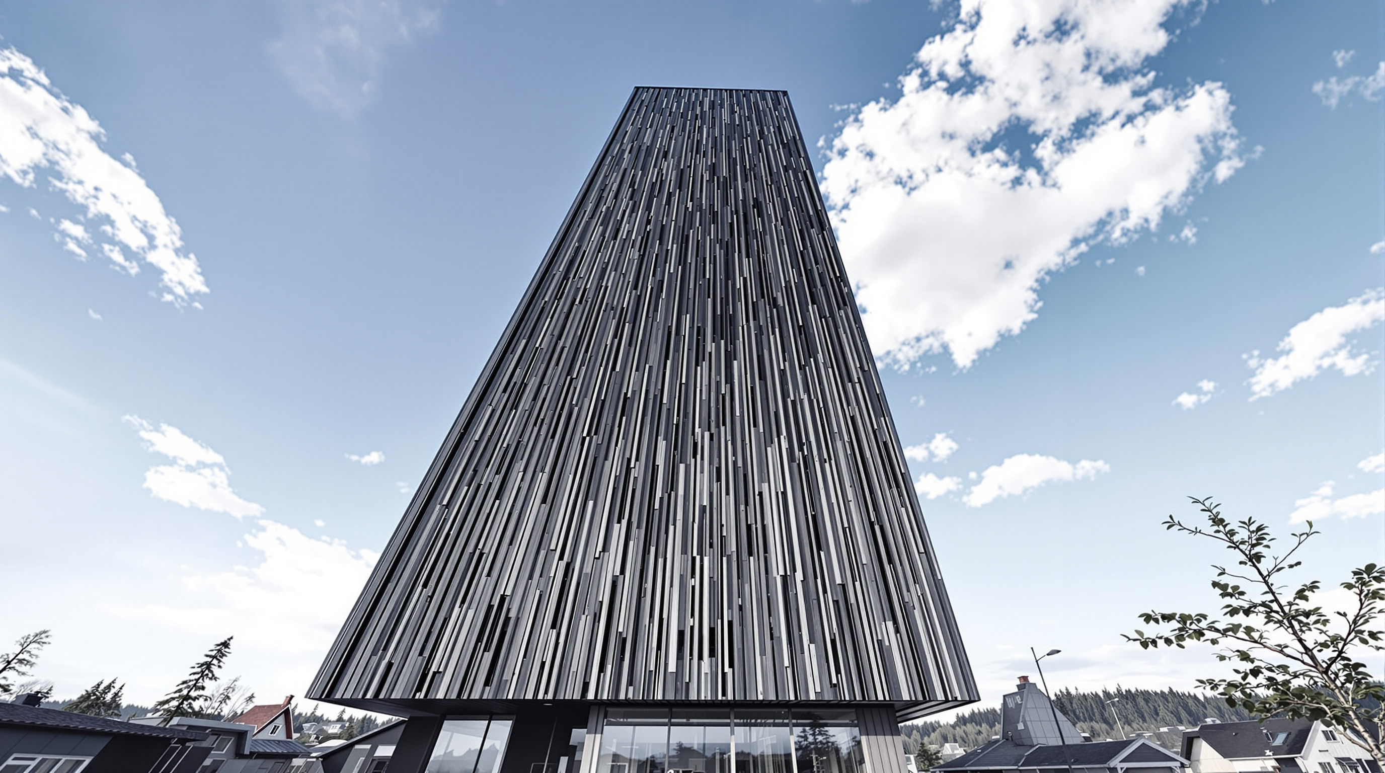 Looking up the full height of Mjøstårnet against a bright Norwegian sky, the slender rectangular timber tower rising eighteen storeys with its dark-clad facade and the diagonal lines of its glulam bracing visible, dwarfing the low buildings of Brumunddal around its base