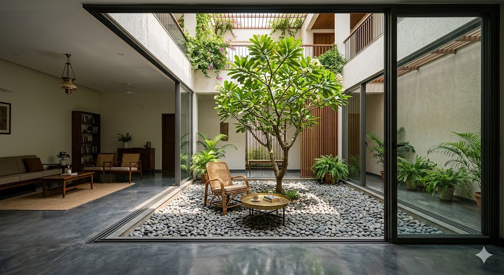 Small internal courtyard at the heart of a modern Indian home — pebble-paved with a single Plumeria tree at the centre, polished cement flooring continuing through full-height sliding glass panels from the surrounding living space, with a cane chair and a low brass-topped table set up under the tree, illustrating the seamless indoor-outdoor spillage that defines modern Indian planning