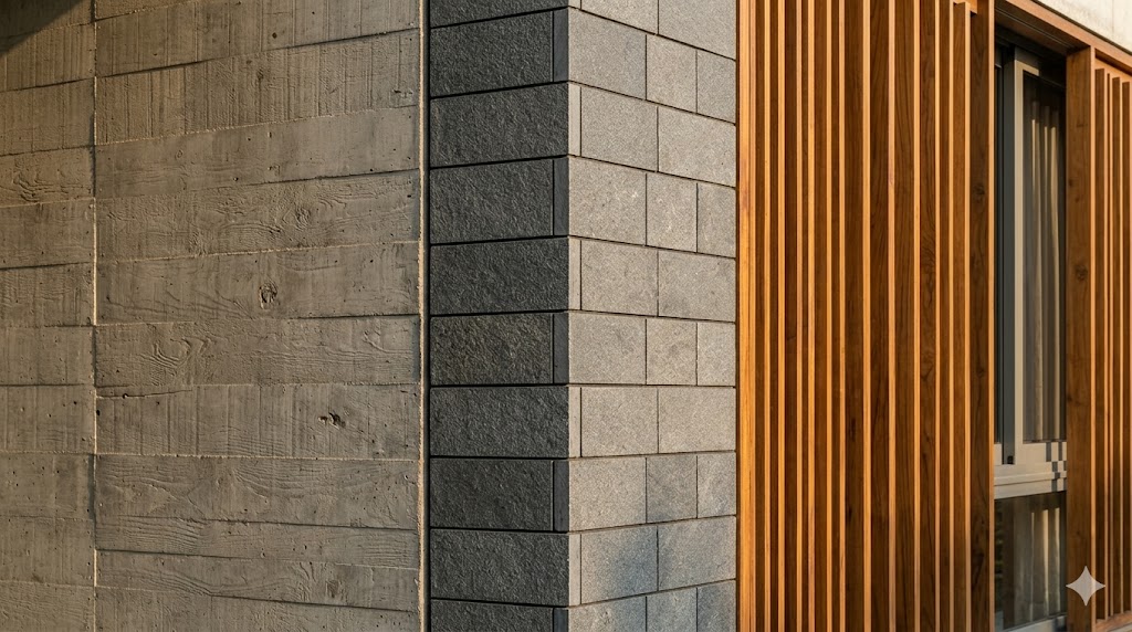 Close-up of a modern Indian home's facade junction where three honest materials meet — board-formed exposed concrete on the left, stacked-bond basalt cladding in the middle, and vertical FSC teak louvres on the right shading a window — with sharp side light revealing texture and crisp shadow lines at the material joints